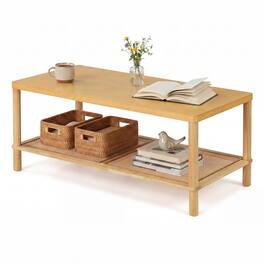 Costway - 2-Tier Boho Coffee Table for, Rectangular Center Table with Rubber Wood Frame - Natural