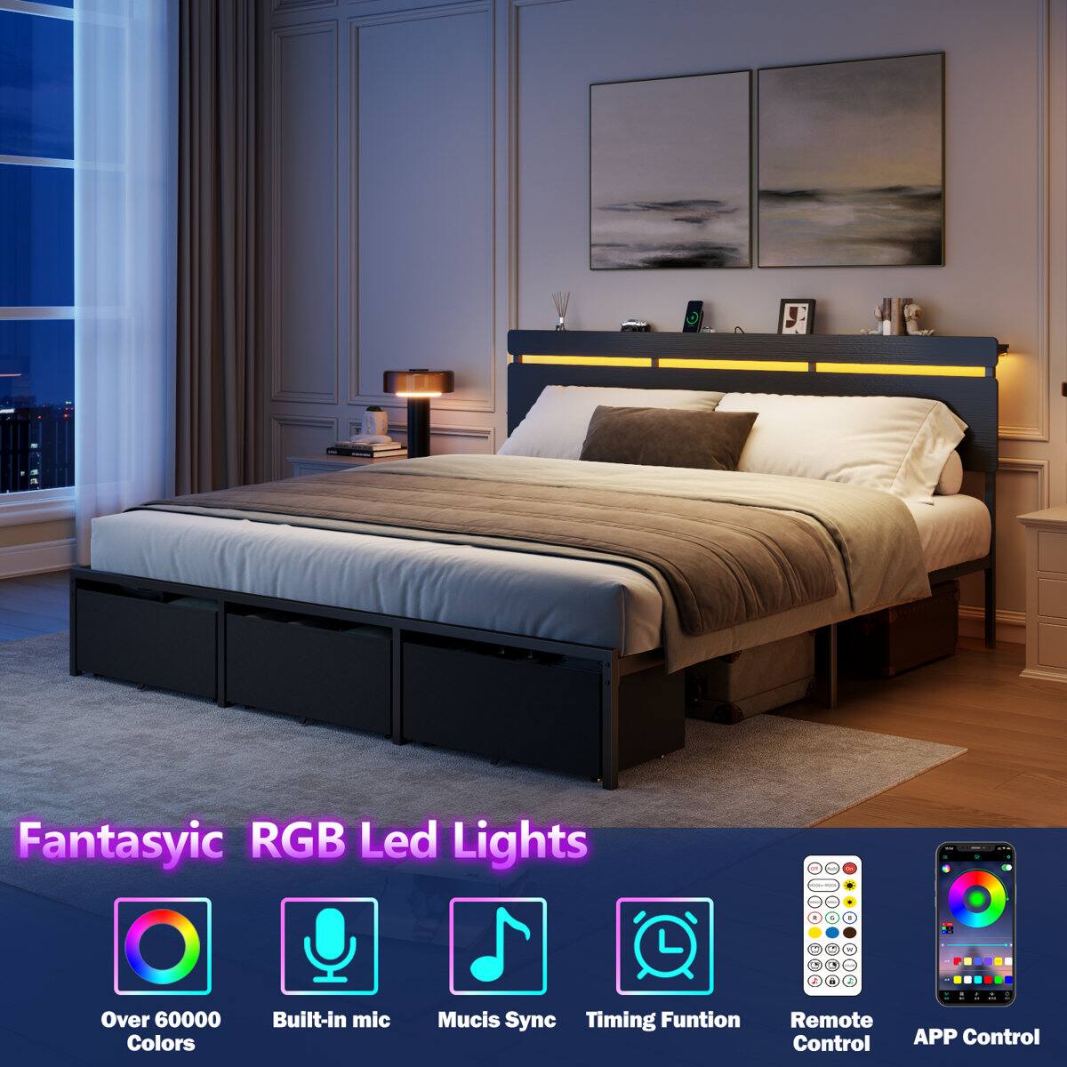 Fantasyic RGB Led Lights

- Over 60000 Colors
- Built-in mic
- Music Sync
- Timing Function
- Remote Control
- APP Control