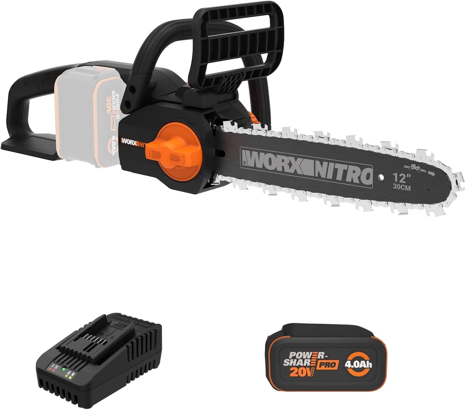 The image features a black and orange electric chainsaw, along with a battery pack and charger. The chainsaw is a WorxInnitro model, and it has a 12-inch blade. The battery pack and charger are designed to work with the chainsaw, providing power and ensuring it remains charged for use.