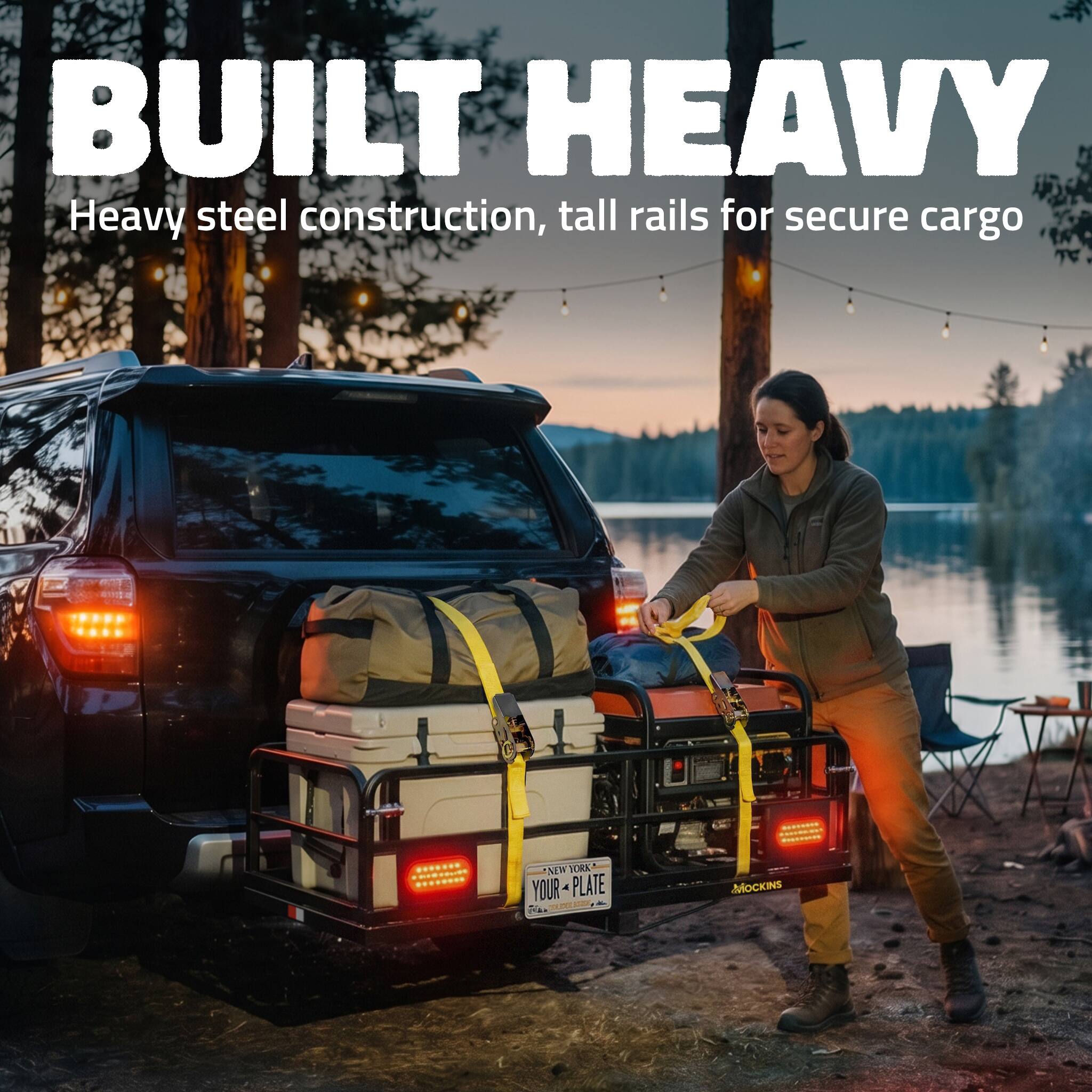 BUILT HEAVY  
Heavy steel construction, tall rails for secure cargo  

NEW YORK YOUR PLATE  
MOCKINS
