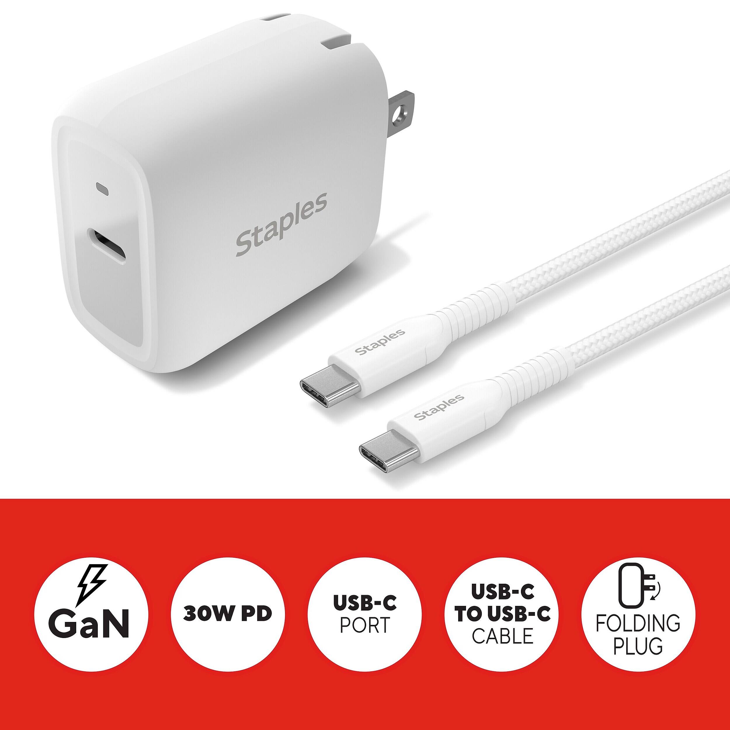 Staples Staples Staples  
GaN  
30W PD  
USB-C PORT  
USB-C TO USB-C CABLE  
0% FOLDING PLUG