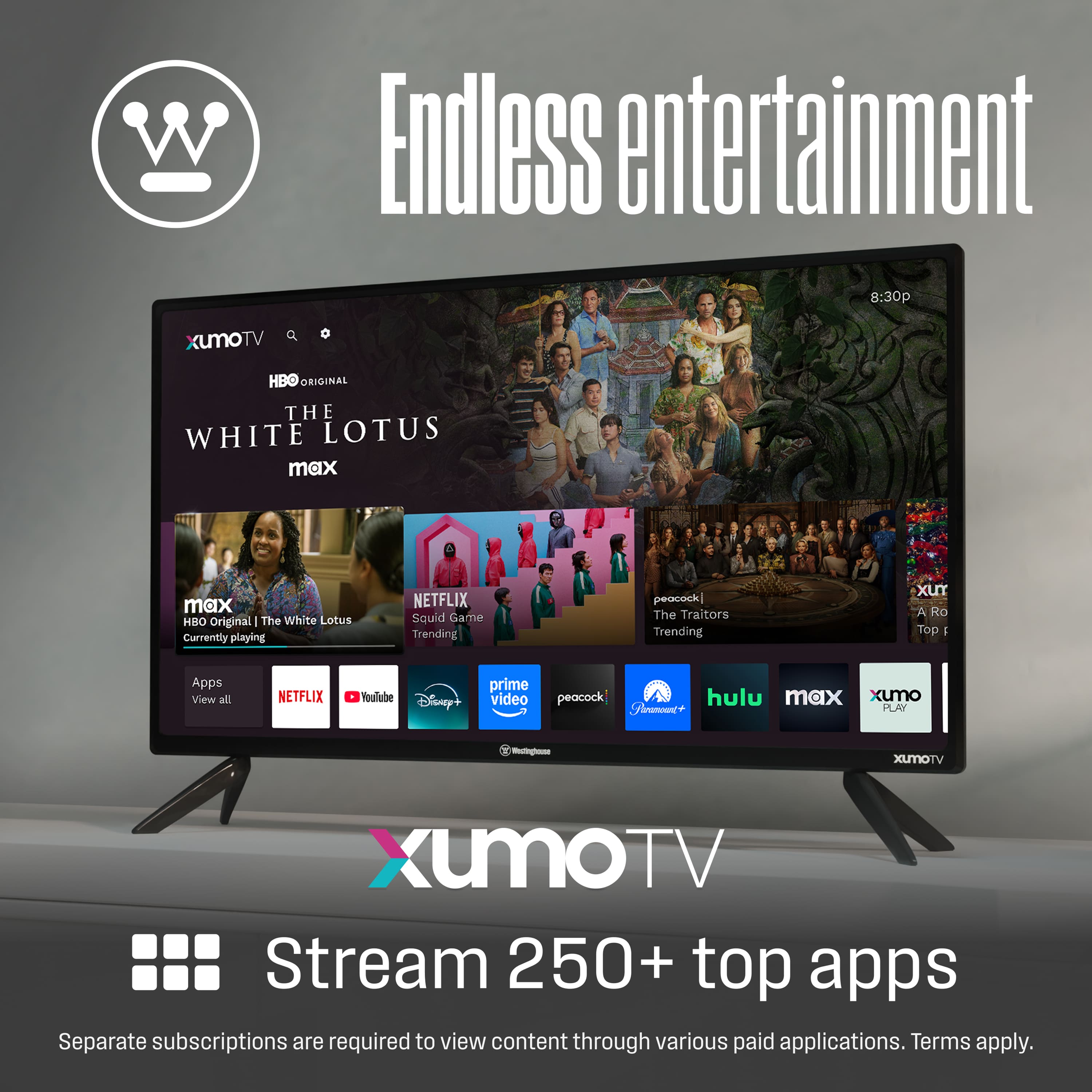 Endless entertainment
XUMO TV
HBO ORIGINAL
THE WHITE LOTUS
max
HBO Original | The White Lotus
Currently playing
NETFLIX
Squid Game
Trending
peacock
The Traitors
Trending
Apps
View all
NETFLIX
YouTube
Disney+
prime video
peacock
hulu
max
XUMO PLAY
Stream 250+ top apps
Separate subscriptions are required to view content through various paid applications. Terms apply.