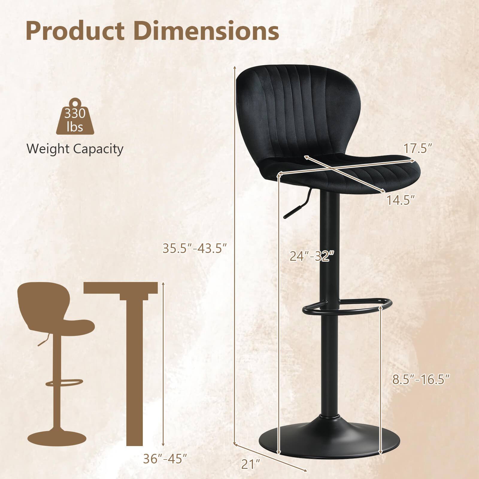 Product Dimensions  
Weight Capacity: 330 lbs  
17.5"  
14.5"  
35.5"-43.5"  
24"-32"  
8.5"-16.5"  
36"-45"  
21"