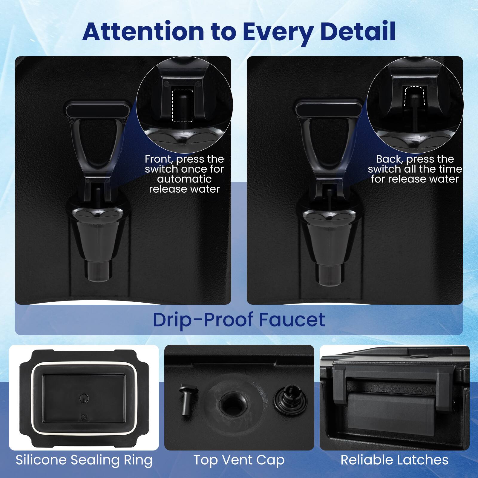 Attention to Every Detail

Front, press the switch once for automatic release water  
Back, press the switch all the time for release water  

Drip-Proof Faucet  
Silicone Sealing Ring  
Top Vent Cap  
Reliable Latches
