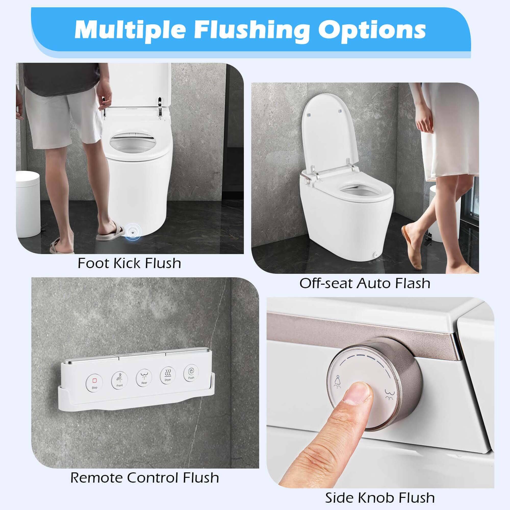 Multiple Flushing Options:

1. Foot Kick Flush
2. Off-seat Auto Flash
3. Remote Control Flush
4. Side Knob Flush