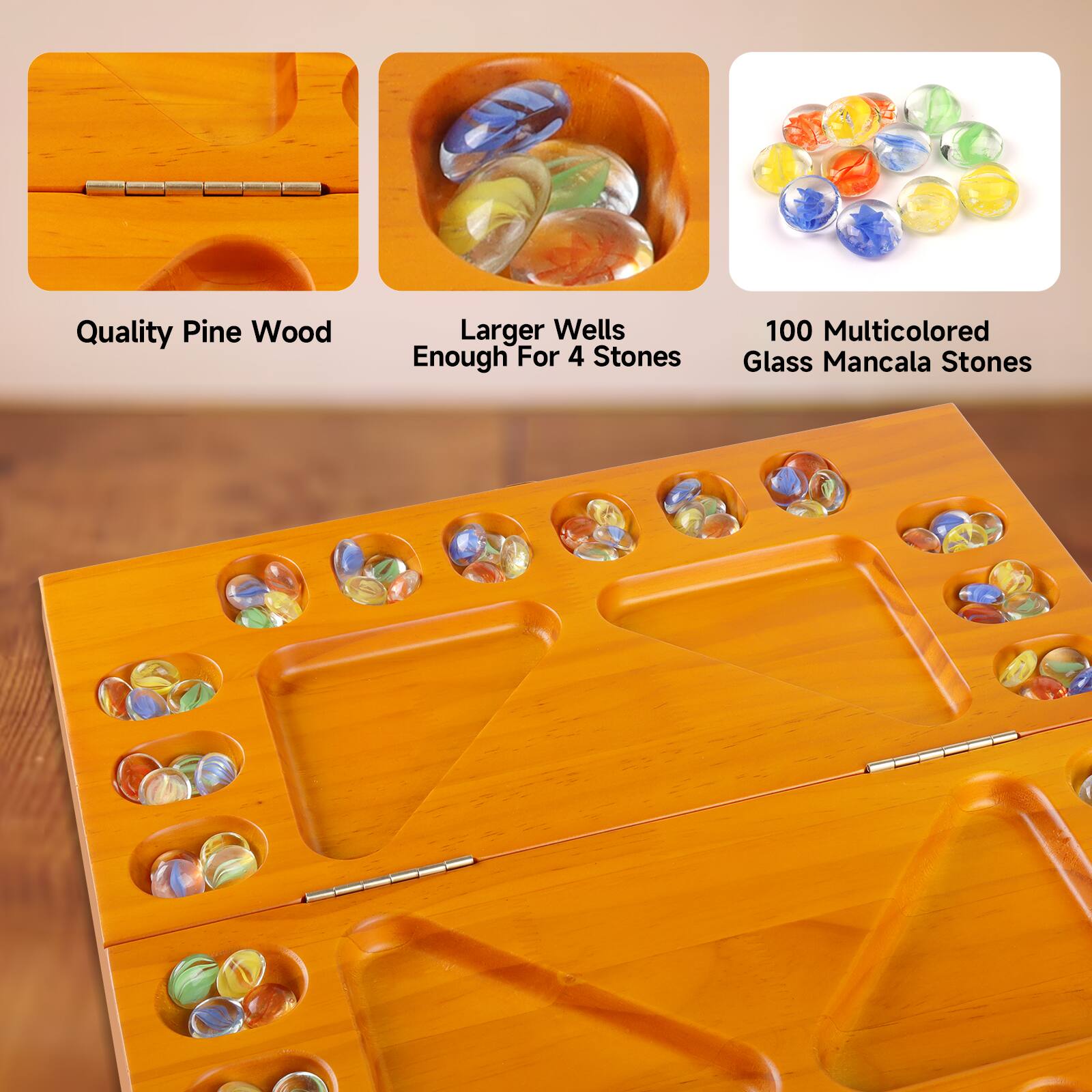 Quality Pine Wood, Larger Wells Enough For 4 Stones, 100 Multicolored Glass Mancala Stones