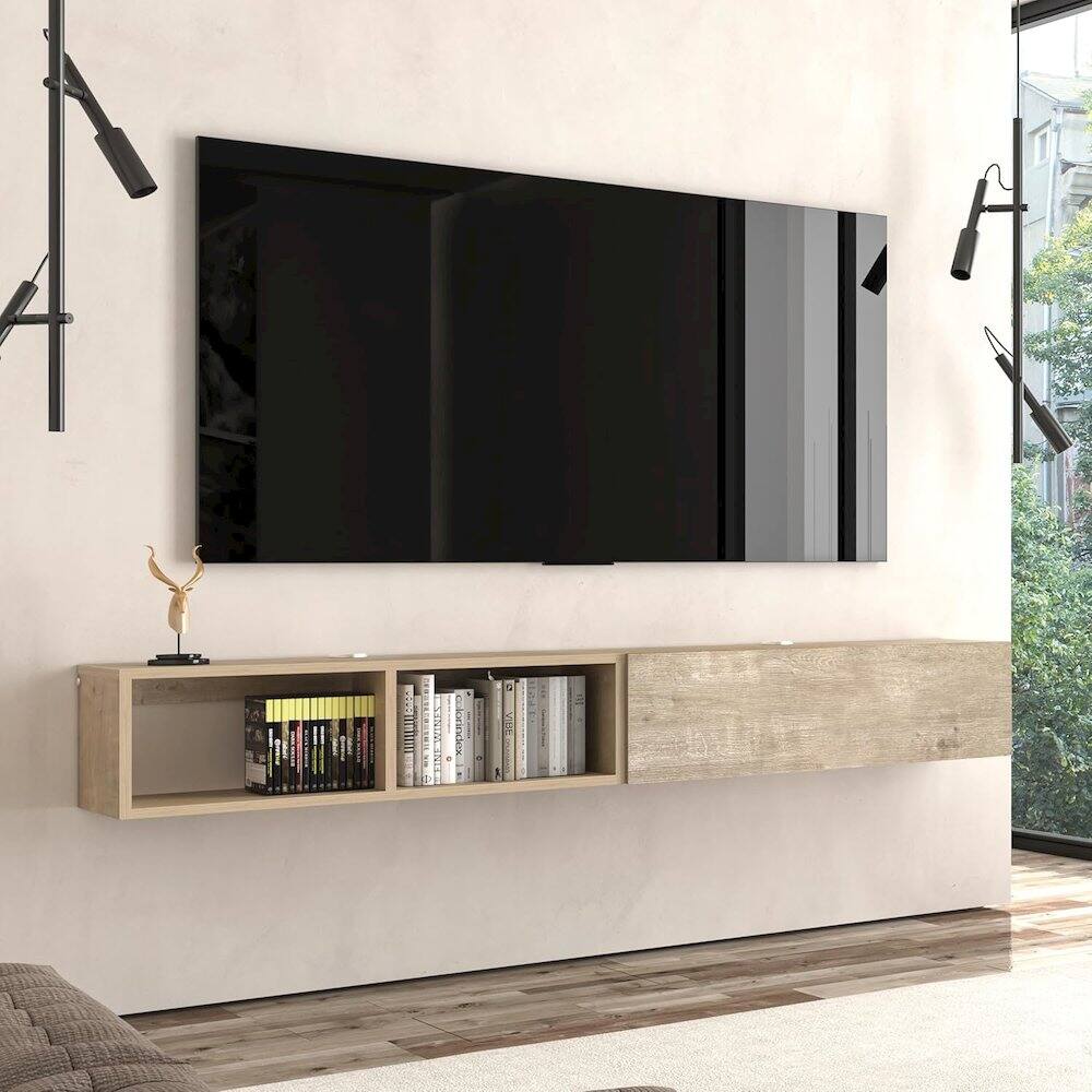 Left. Atelier Mobili - Floating TV Stand & Floating Entertainment Center (71 Inch, 1 Door 2 Shelves) - Beige.