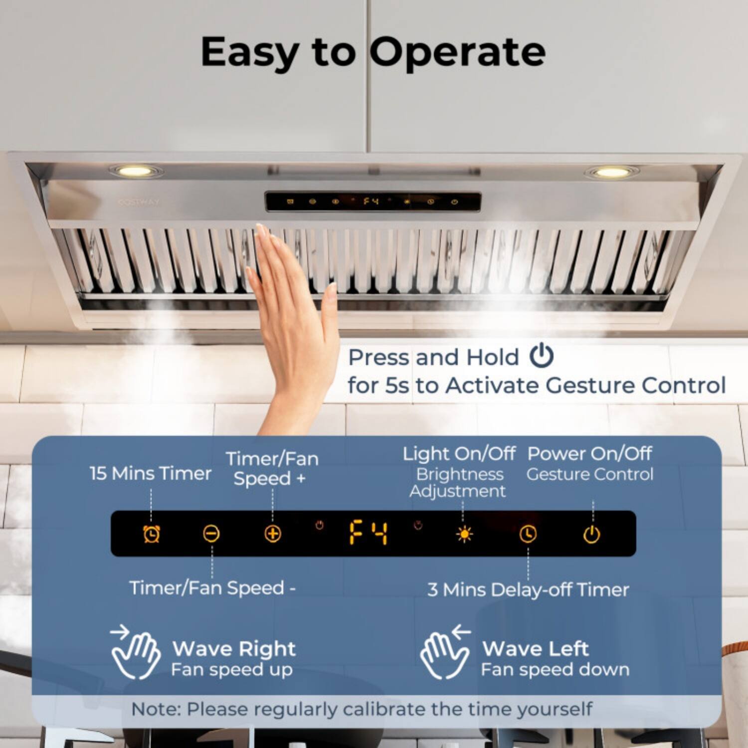 Easy to Operate

Press and Hold for 5s to Activate Gesture Control

- 15 Mins Timer
- Timer/Fan Speed +
- Light On/Off
- Power On/Off
- Brightness Adjustment
- Gesture Control
- Timer/Fan Speed -
- 3 Mins Delay-off Timer

Wave Right: Fan speed up  
Wave Left: Fan speed down

Note: Please regularly calibrate the time yourself
