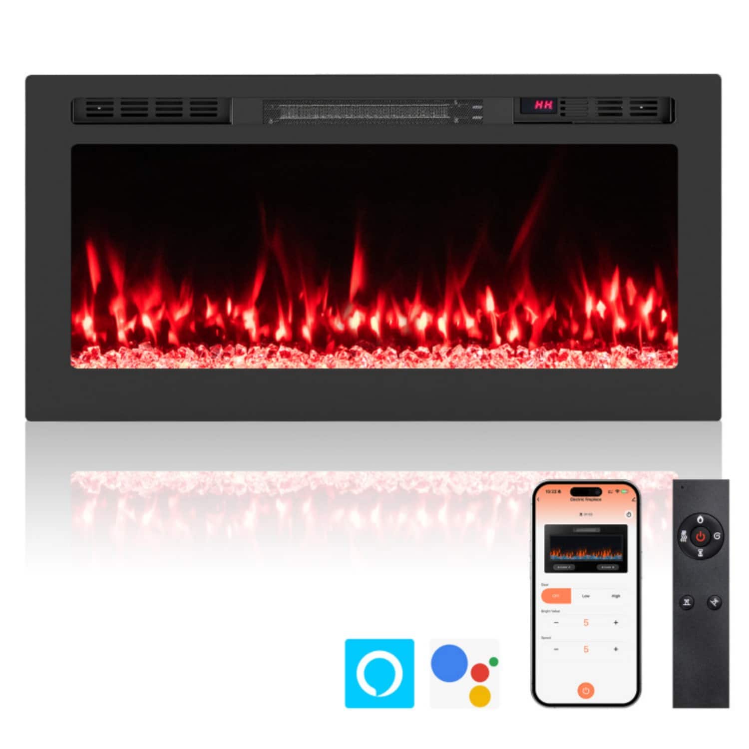 LUCKY ONE - 36 Inch Smart WiFi Wall Mounted/Recessed Electric Fireplace with 12 Colors - Black