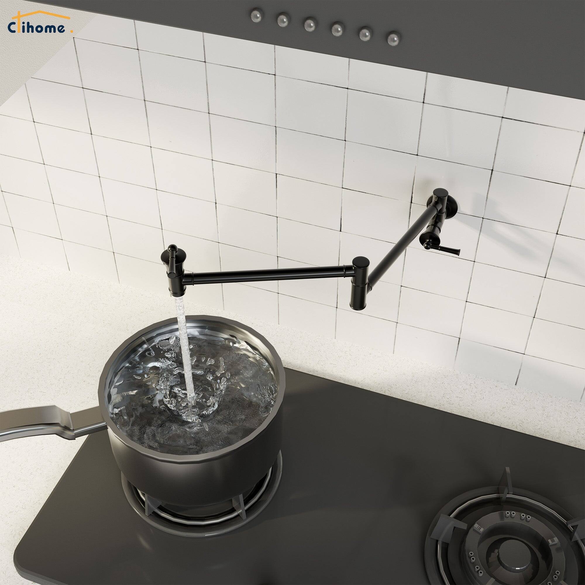 Alt View 4. Boyel Living - 1.8 GPM Solid Brass Wall Mounted Foldable Kitchen Pot Filler with Mounting Hardware and Double Handle in Matte Black - Matte Black.