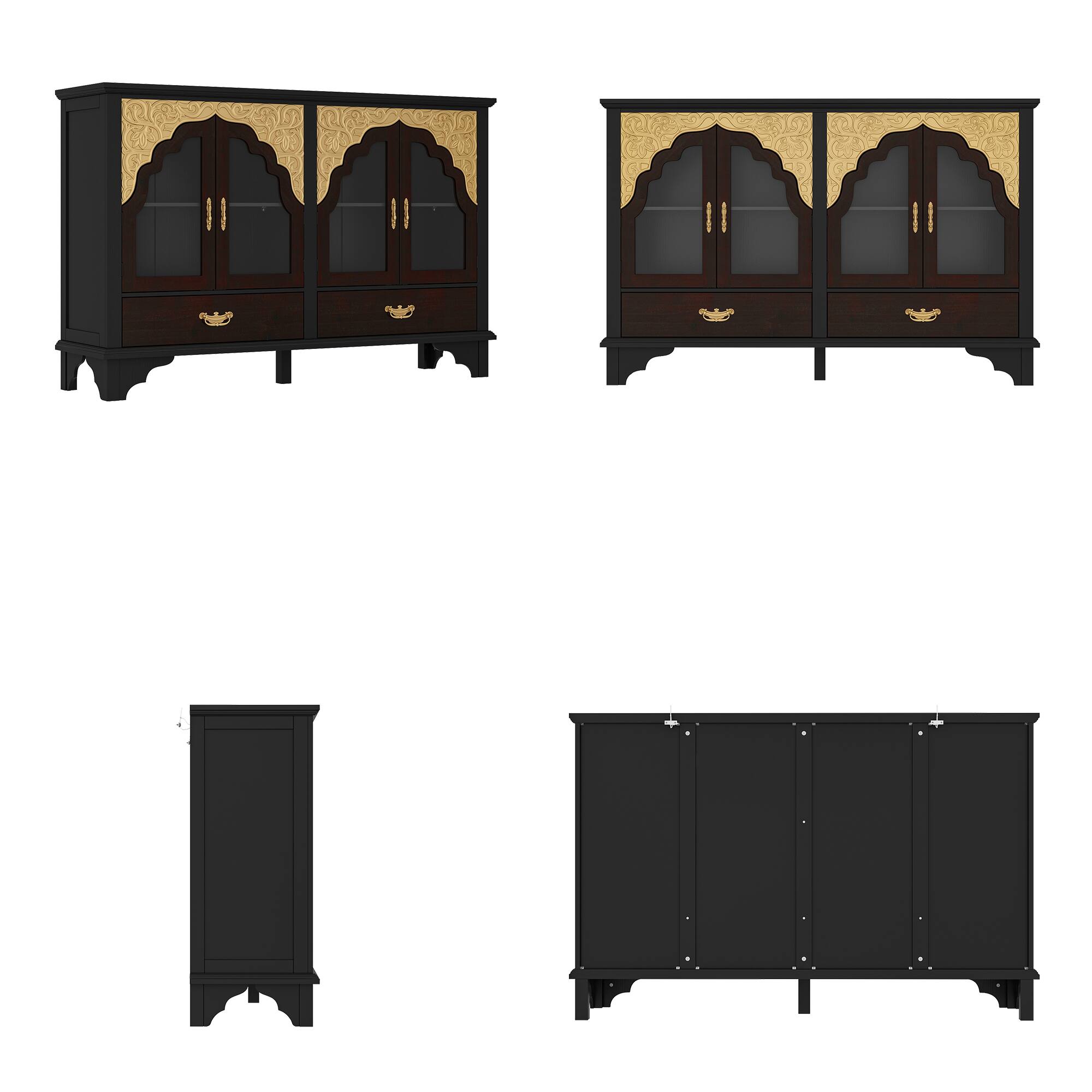 Angle. Famapy - Famapy Retro Storage Cabinet - Ornate Gold Accents, Glass Doors & Drawers for Home Display - Black.