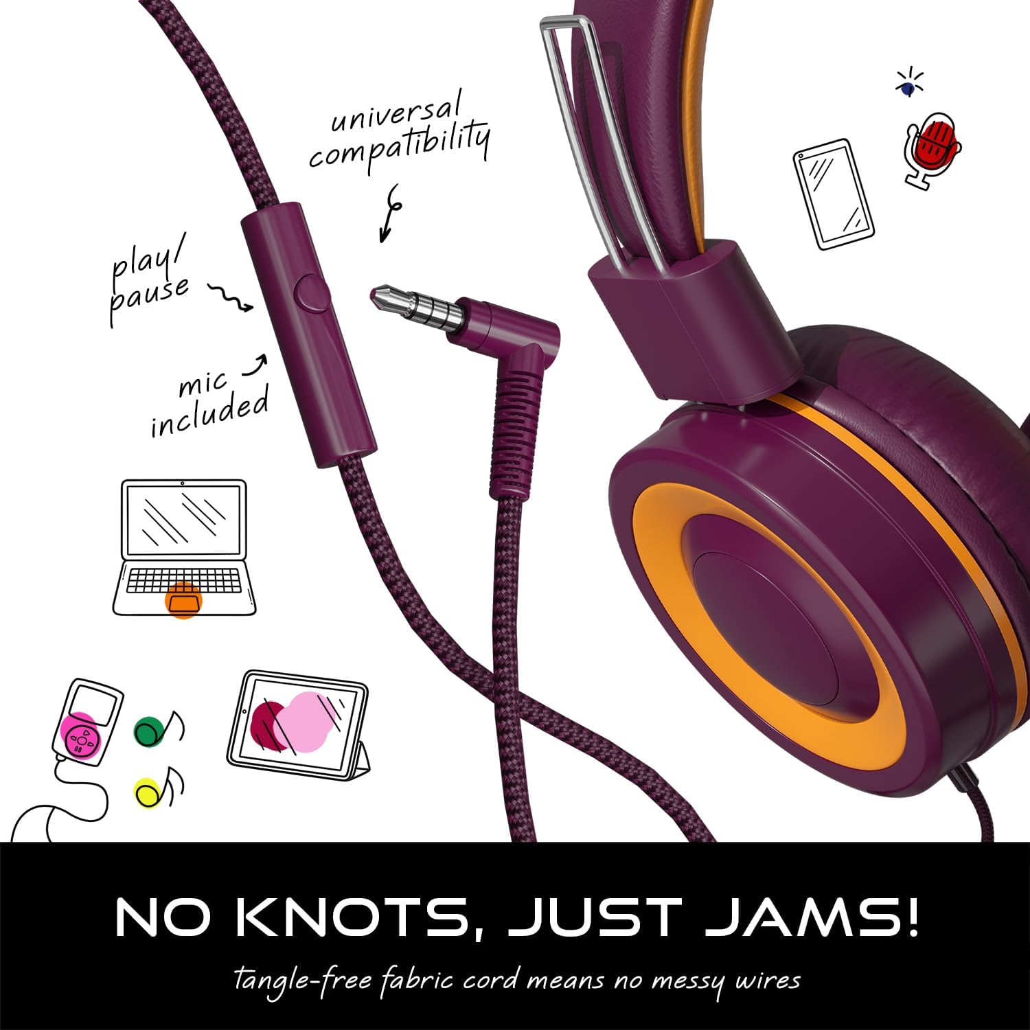 - Universal compatibility
- Play/pause
- Mic included
- No knots, just jams!
- Tangle-free fabric cord means no messy wires