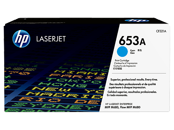 hp LASERJET CF321A 653A Cyan Cian Print Cartridge Cartouche d'impression 4271 -x Cartucho de Impresión LHD  PARIS MIH TOATO Superior, professional results. Every time. HONE Des résultats professionnels et de qualité supérieure à chaque impression. HEW Calidad resultados superior, profesionales. MADRIL En todo momento. HP LASERJET ENTERPRISE MFP M680, Flow MFP M680