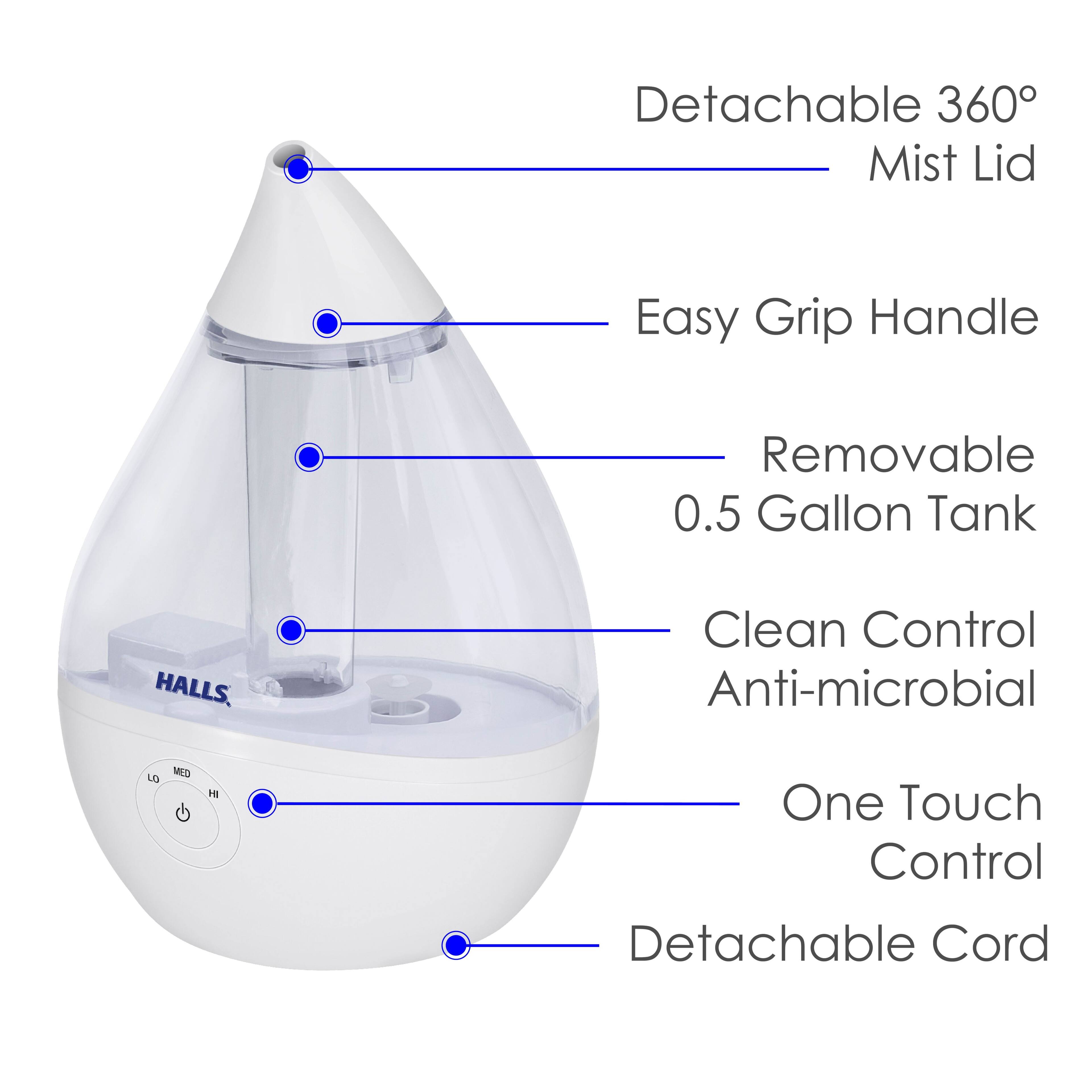 Detachable 360° Mist Lid, Easy Grip Handle, Removable 0.5 Gallon Tank, Clean Control Anti-microbial, One Touch Control, Detachable Cord.