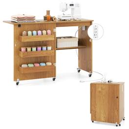 Costway - Folding Sewing Table Rolling Craft Station with 3 Storage Bins & Charging Station - Natural