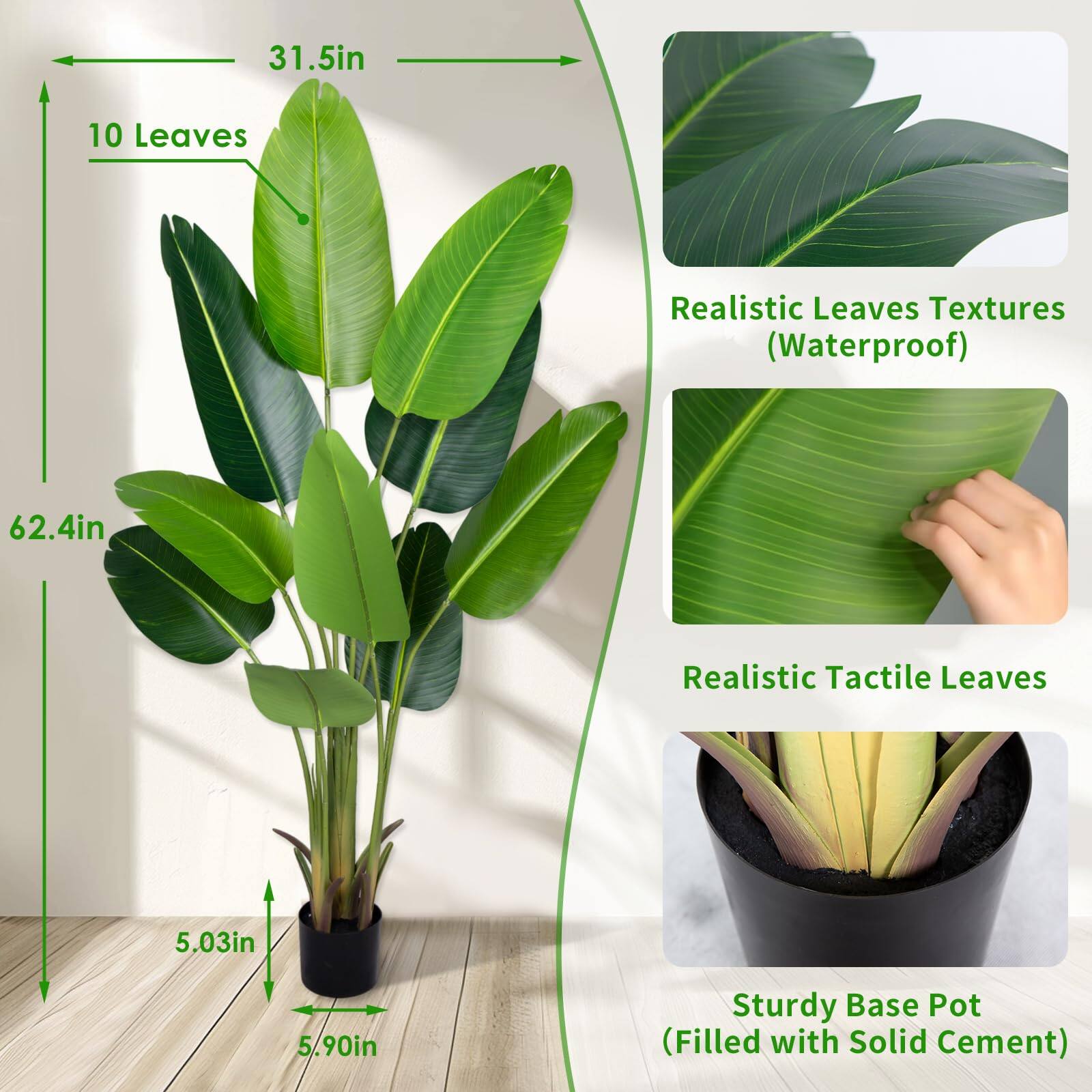 - 31.5in
- 10 Leaves
- 62.4in
- 5.03in
- 5.90in

- Realistic Leaves Textures (Waterproof)
- Realistic Tactile Leaves
- Sturdy Base Pot (Filled with Solid Cement)