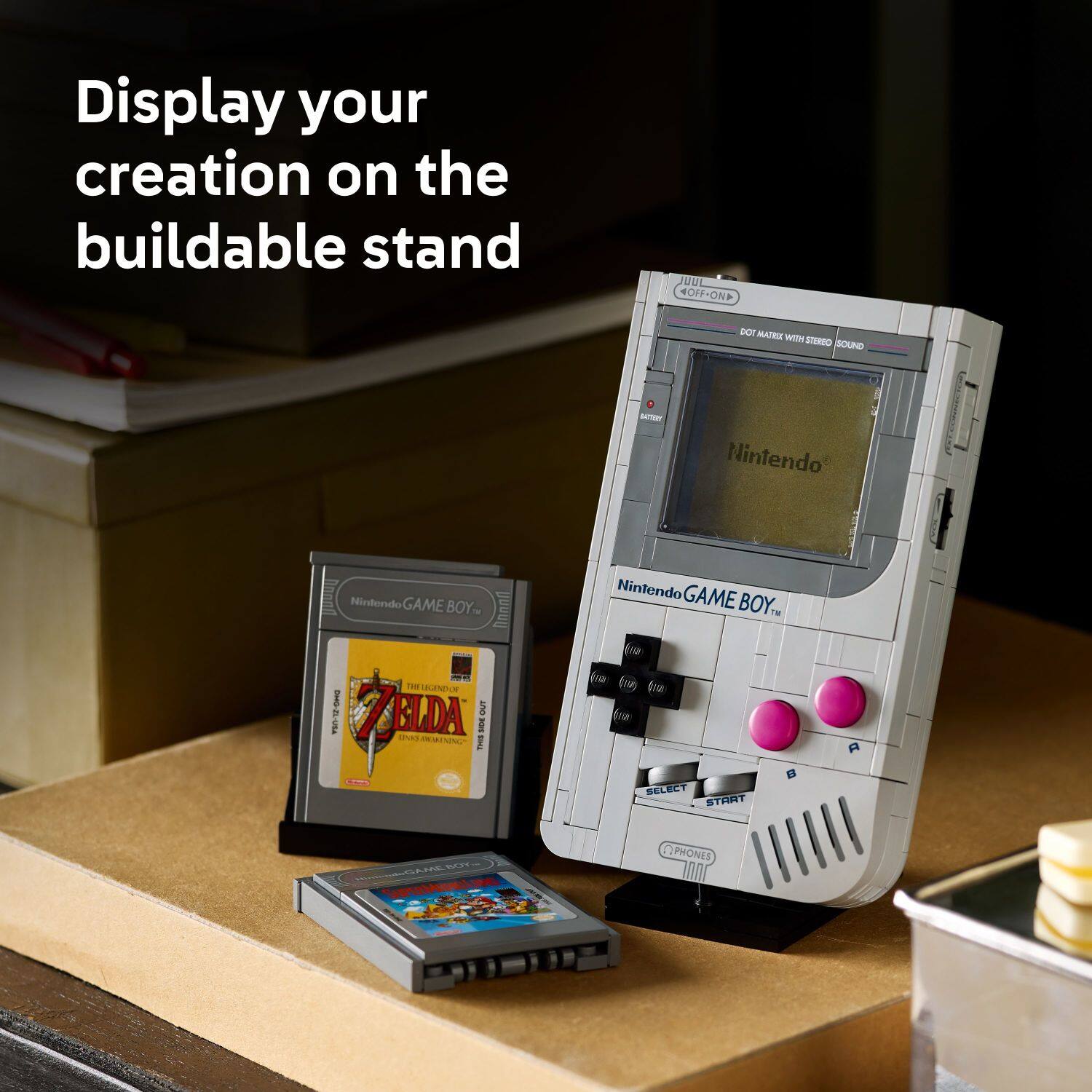 Display your creation on the buildable stand

JUUL OFF-ON DCT MATRIX WITH STEREO SOUND - Nintendo - Nintendo GAME BOY™ - nnan Nintendo GAME BOY. 1H fa 192-0 - SGENDO BLDA i I chueS MTNENL Fres ihe   te BELECT START PHONES