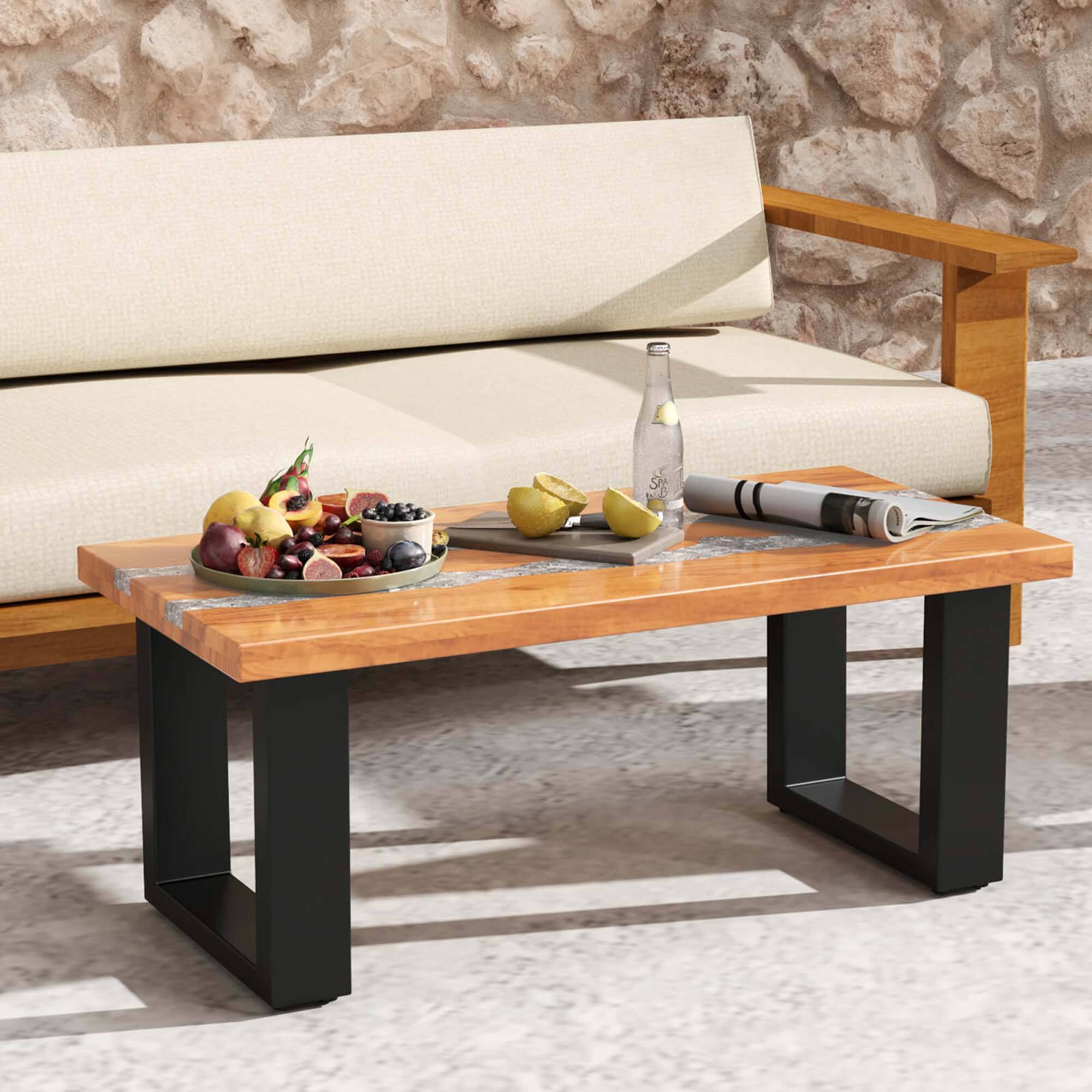 Alt View 13. Costway - Teak Wood Patio Table with  River Feel Epoxy Tabletop Indoor Outdoor Side Table - Natural.