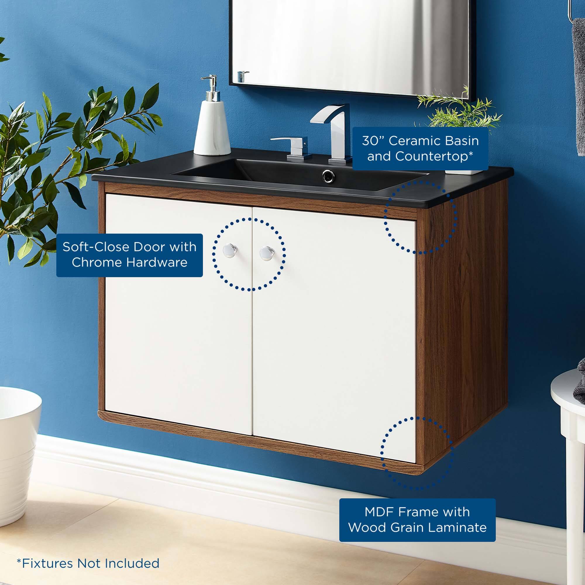 1. 30" Ceramic Basin and Countertop*
2. Soft-Close Door with Chrome Hardware
3. MDF Frame with Wood Grain Laminate
4. *Fixtures Not Included
