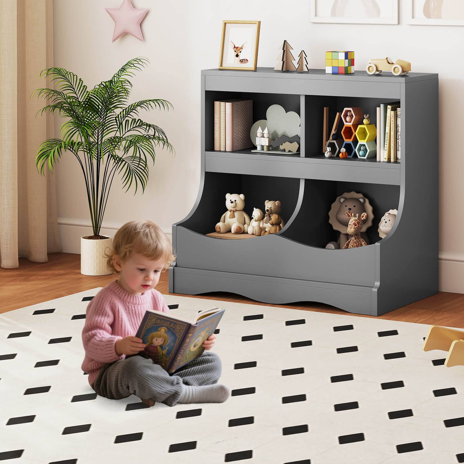 Alt View 3. Costway - Costway Toy Storage Organizer for Toys & Books 4-Cubby Kids Bookcase for Children's Room - Gray.