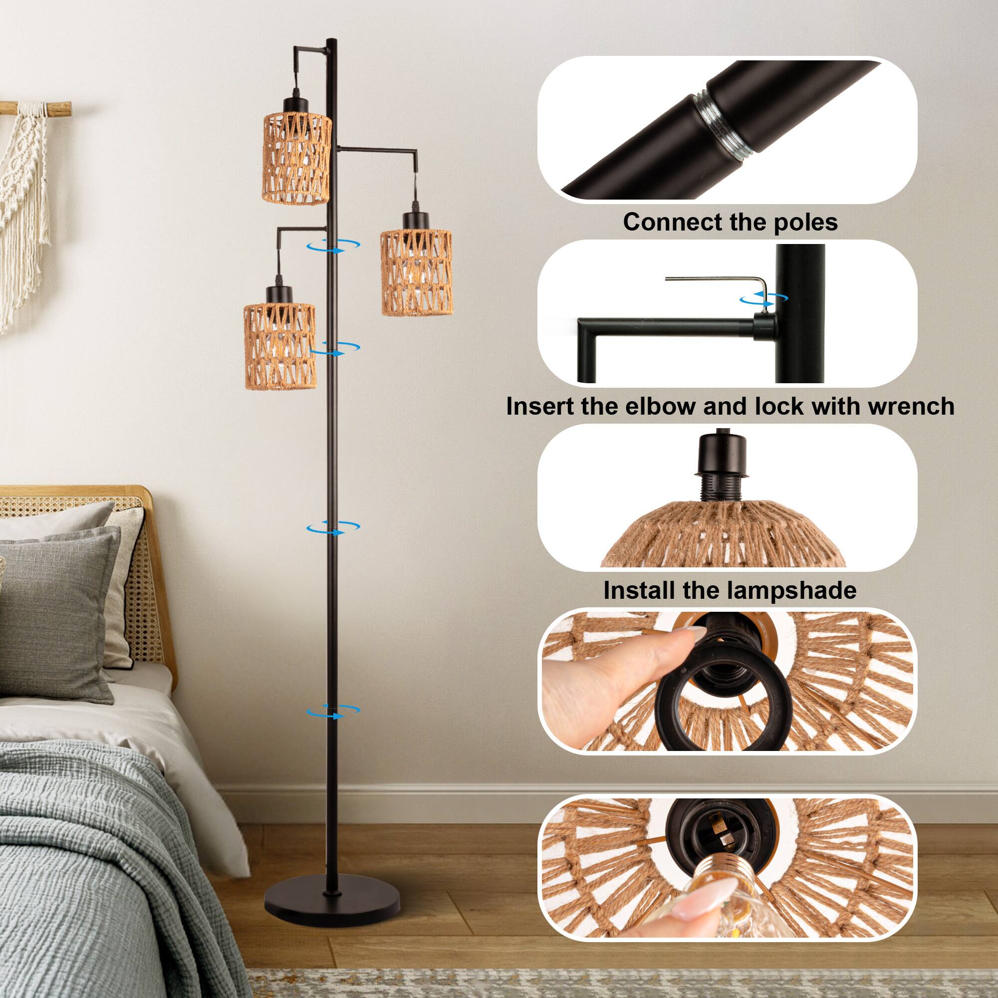 1. Connect the poles
2. Insert the elbow and lock with wrench
3. Install the lampshade