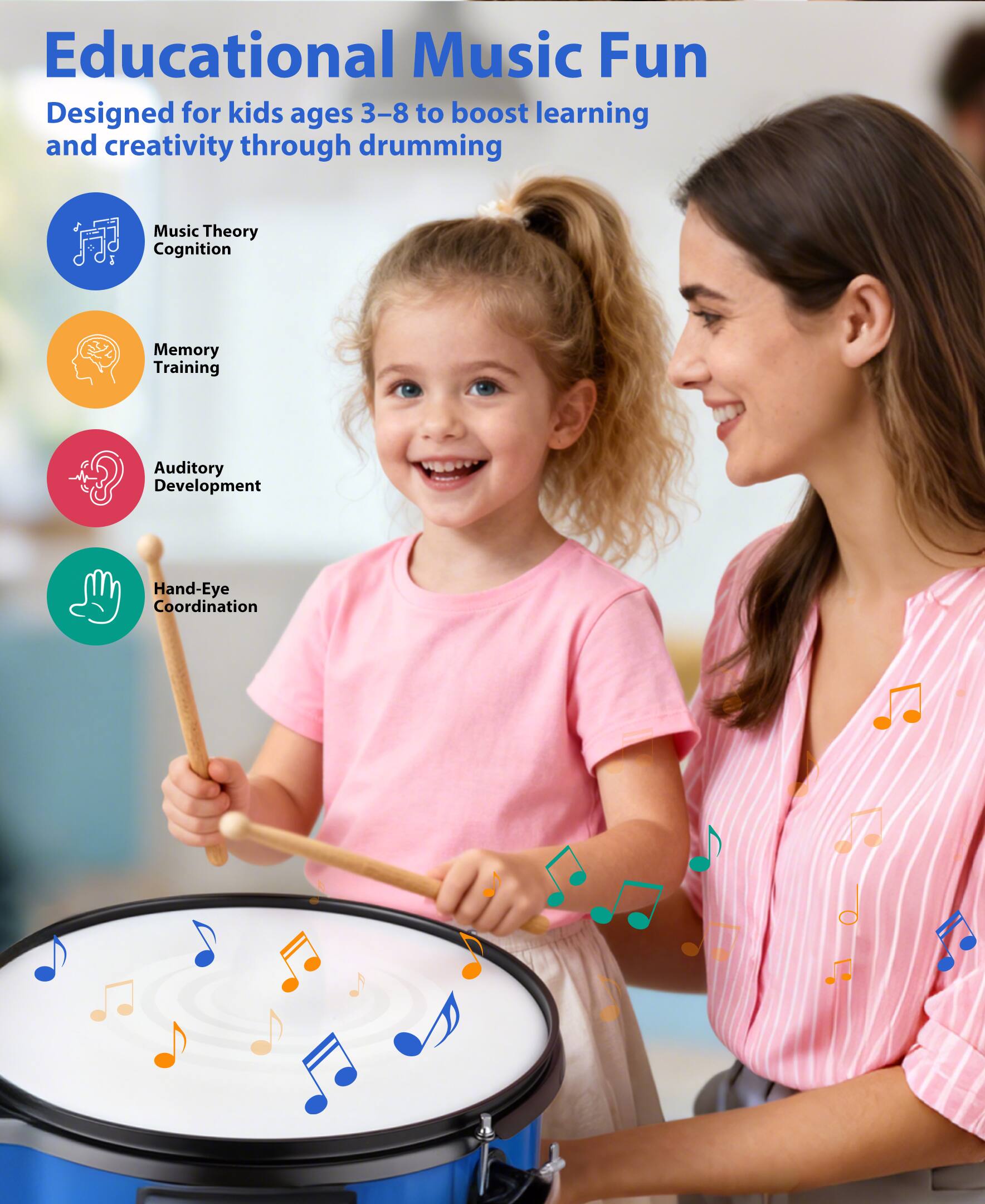 Alt View 4. Sugift - 3-Piece Kids Drum Set with Adjustable Stool, Bass Pedal & Cymbal – Realistic Junior Drum Kit for Ages 3+ - Blue.