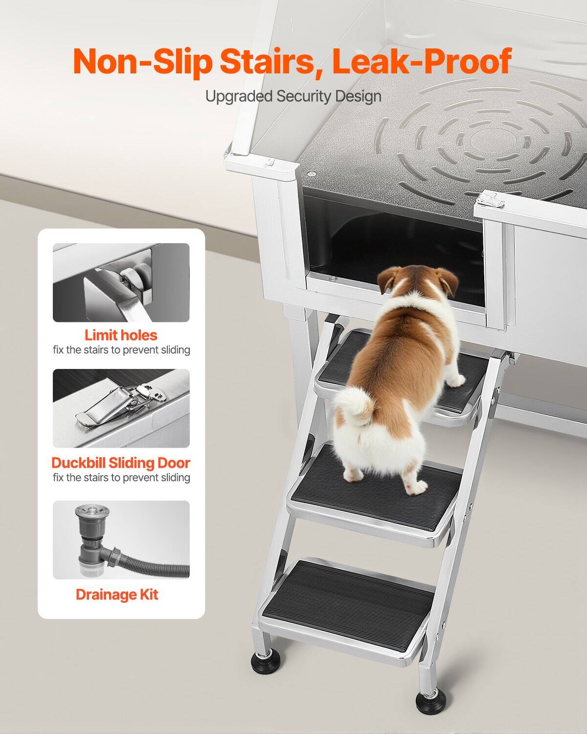 Non-Slip Stairs, Leak-Proof  
Upgraded Security Design  

Limit holes  
fix the stairs to prevent sliding  

Duckbill Sliding Door  
fix the stairs to prevent sliding  

Drainage Kit