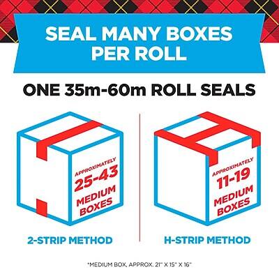 SEAL MANY BOXES PER ROLL

ONE 35m-60m ROLL SEALS

APPROXIMATELY 25-43 MEDIUM BOXES 2-STRIP METHOD

APPROXIMATELY 11-19 MEDIUM BOXES H-STRIP METHOD

*MEDIUM BOX, APPROX. 21" X 15" X 16"