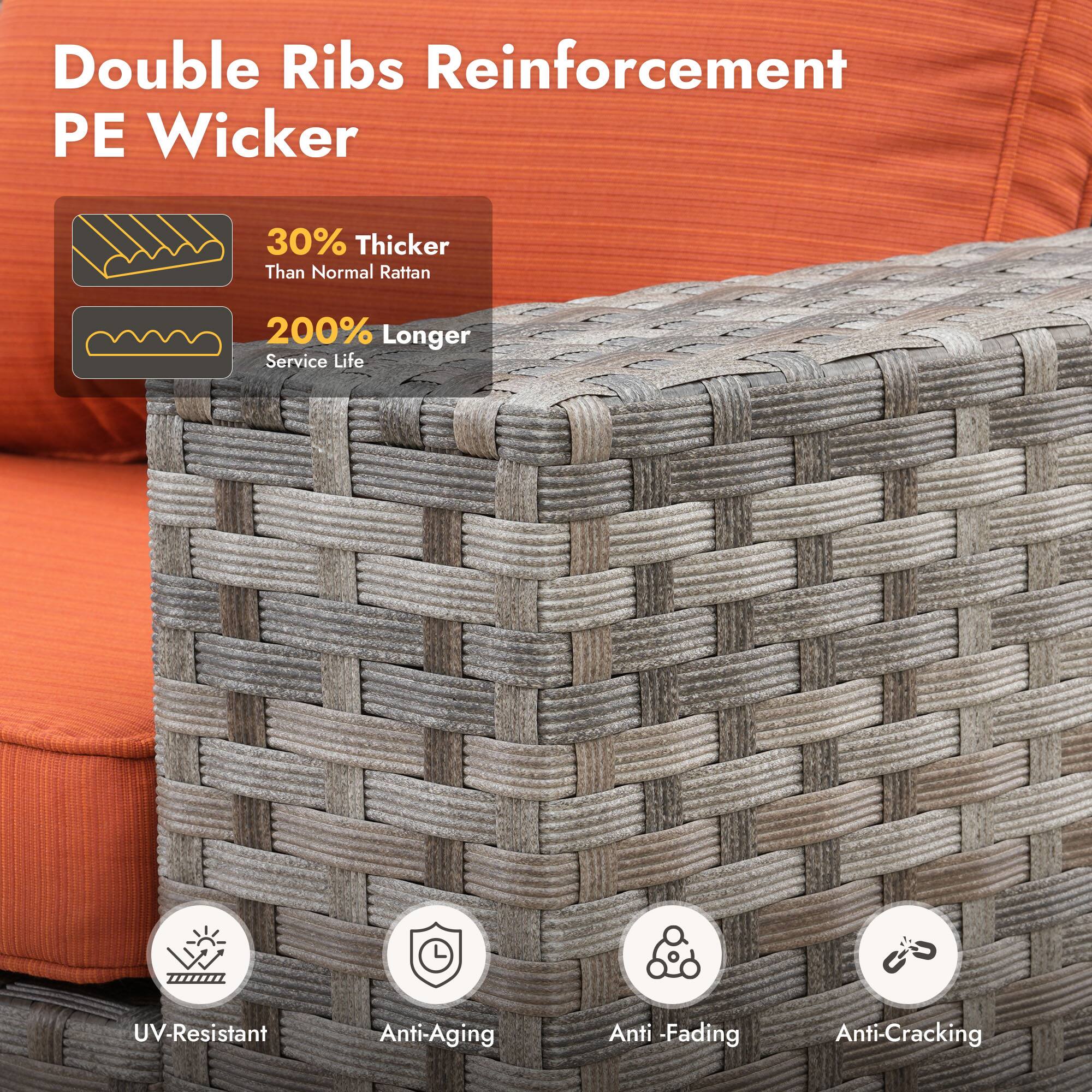 Double Ribs Reinforcement PE Wicker

30% Thicker Than Normal Rattan

200% Longer Service Life

UV-Resistant

Anti-Aging

Anti-Fading

Anti-Cracking