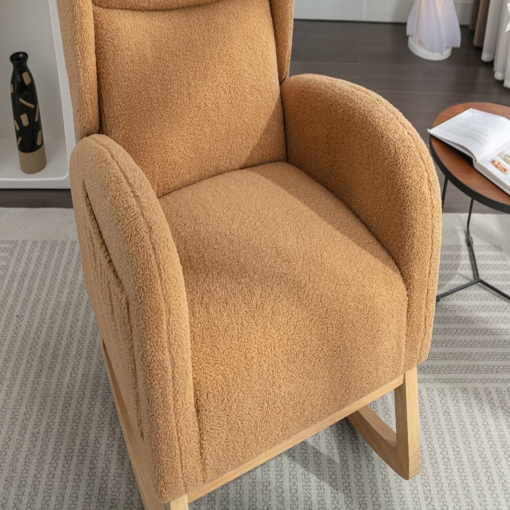 Alt View 9. Loheer - Loheer Teddy Fabric Rocking Chair Khaki Ergonomic Wooden Leg Chair for Living Room - Khaki.