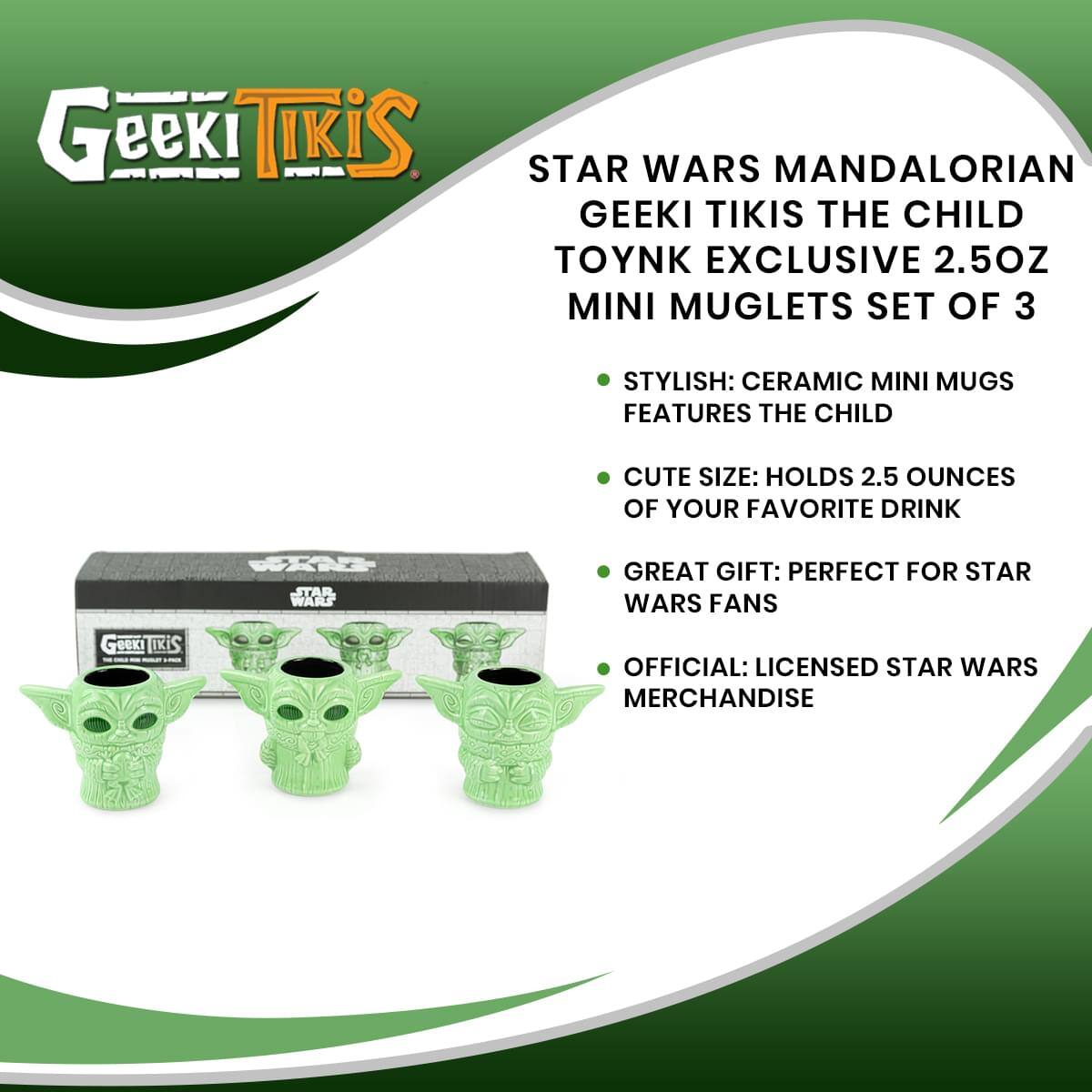 Geeki Tikis Star Wars Mandalorian Geeki Tikis The Child Toynk Exclusive 2.5oz Mini Muglets Set of 3

- Stylish: Ceramic Mini Mugs Features The Child
- Cute Size: Holds 2.5 Ounces of Your Favorite Drink
- Great Gift: Perfect for Star Wars Fans
- Official: Licensed Star Wars Merchandise