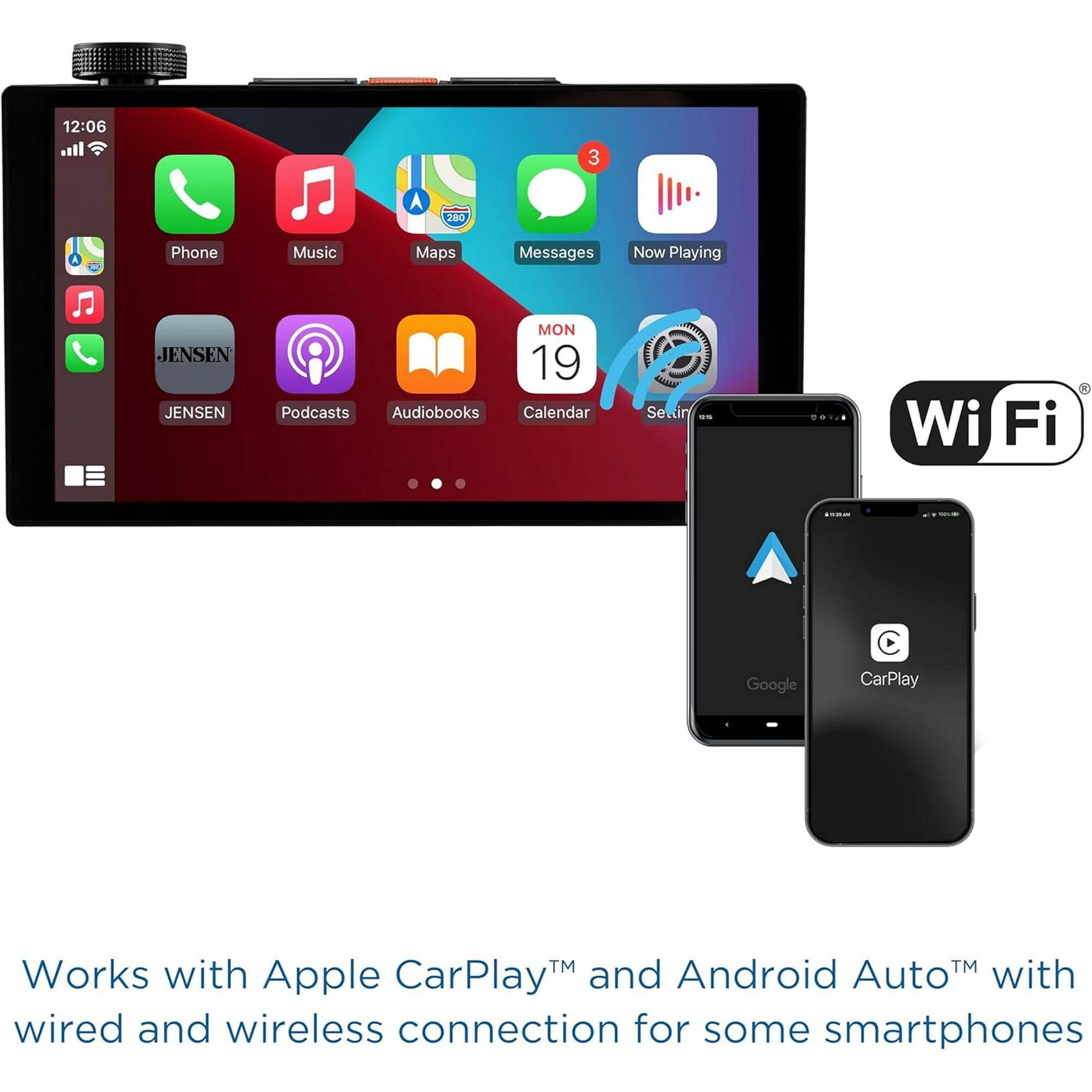 12:06, 3, A, 280, Phone, Music, Maps, Messages, Now Playing, JENSEN, Podcasts, Audiobooks, Calendar, Google, CarPlay™, TM, Works with Apple CarPlay™ and Android Auto™ with wired and wireless connection for some smartphones, Wi-Fi