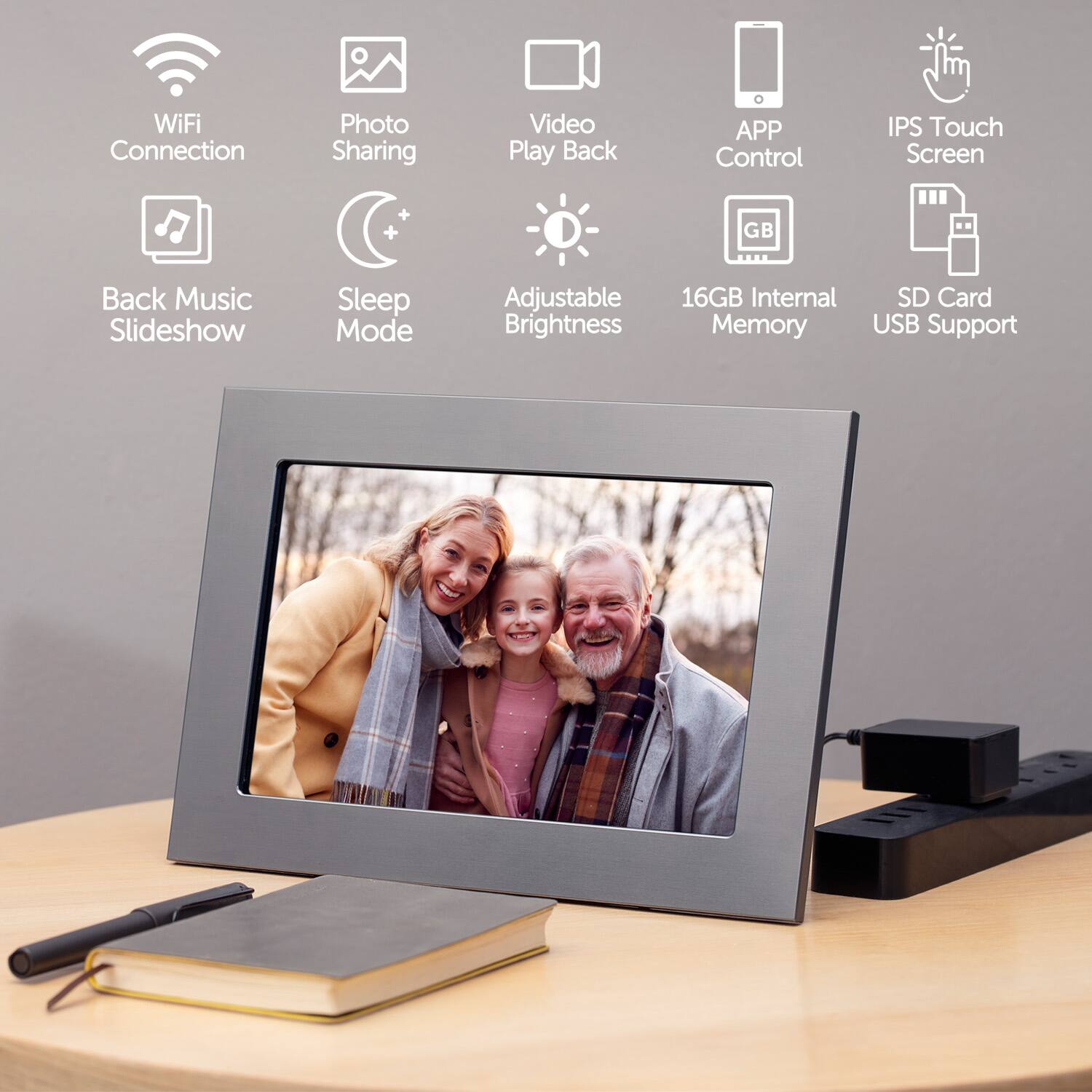 WiFi Connection, Photo Sharing, Video Play Back, APP Control, IPS Touch Screen, Back Music Slideshow, Sleep Mode, Adjustable Brightness, 16GB Internal Memory, SD Card USB Support