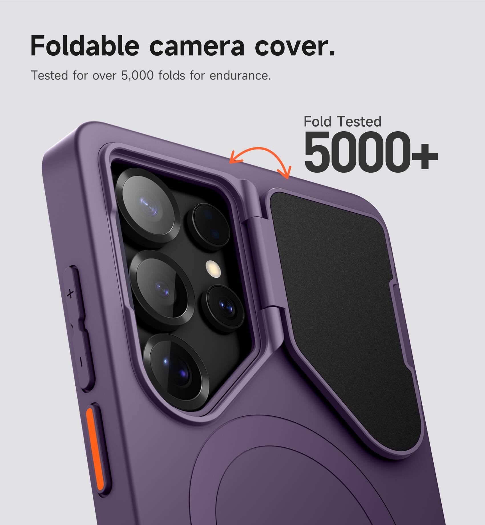 Foldable camera cover.  
Tested for over 5,000 folds for endurance.  
Fold Tested 5000+