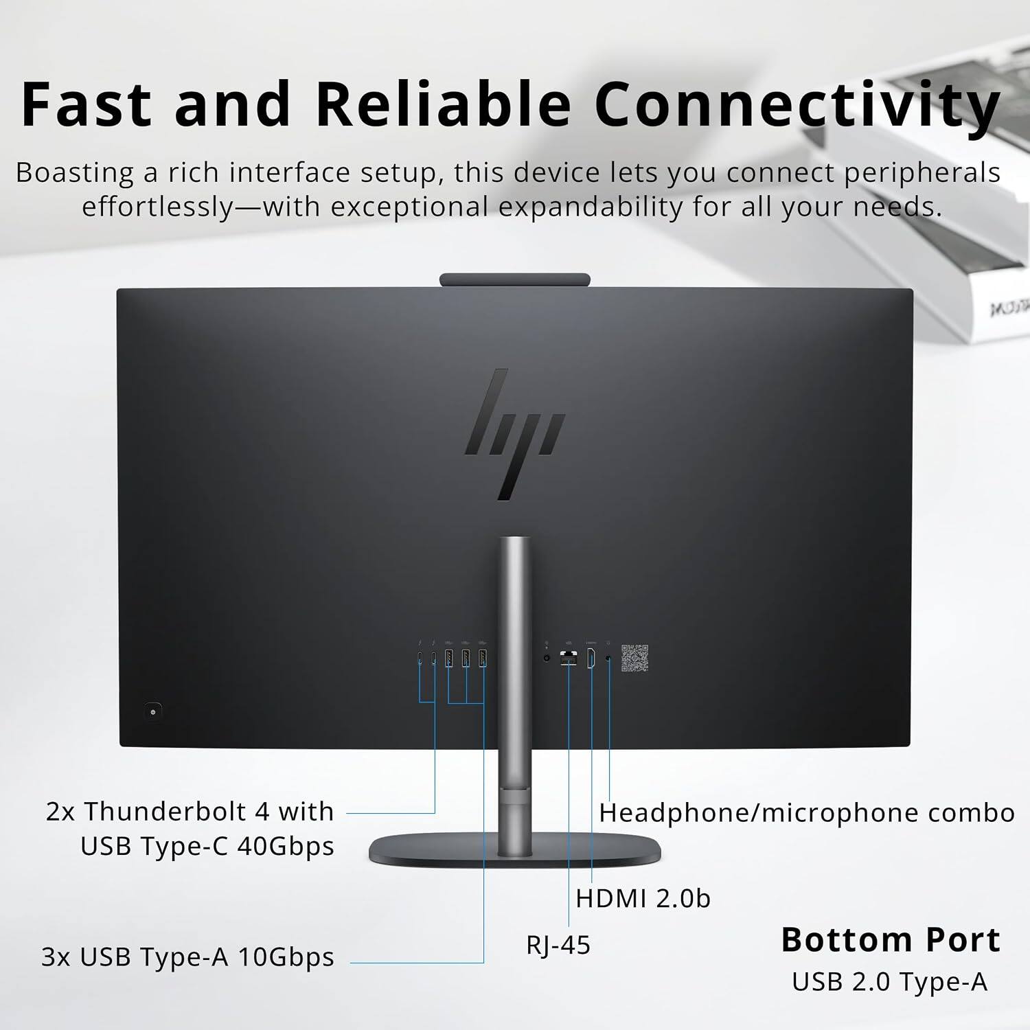 Fast and Reliable Connectivity  
Boasting a rich interface setup, this device lets you connect peripherals effortlessly—with exceptional expandability for all your needs.  

- 2x Thunderbolt 4 with USB Type-C 40Gbps  
- 3x USB Type-A 10Gbps  
- Headphone/microphone combo  
- HDMI 2.0b  
- RJ-45  
- Bottom Port USB 2.0 Type-A