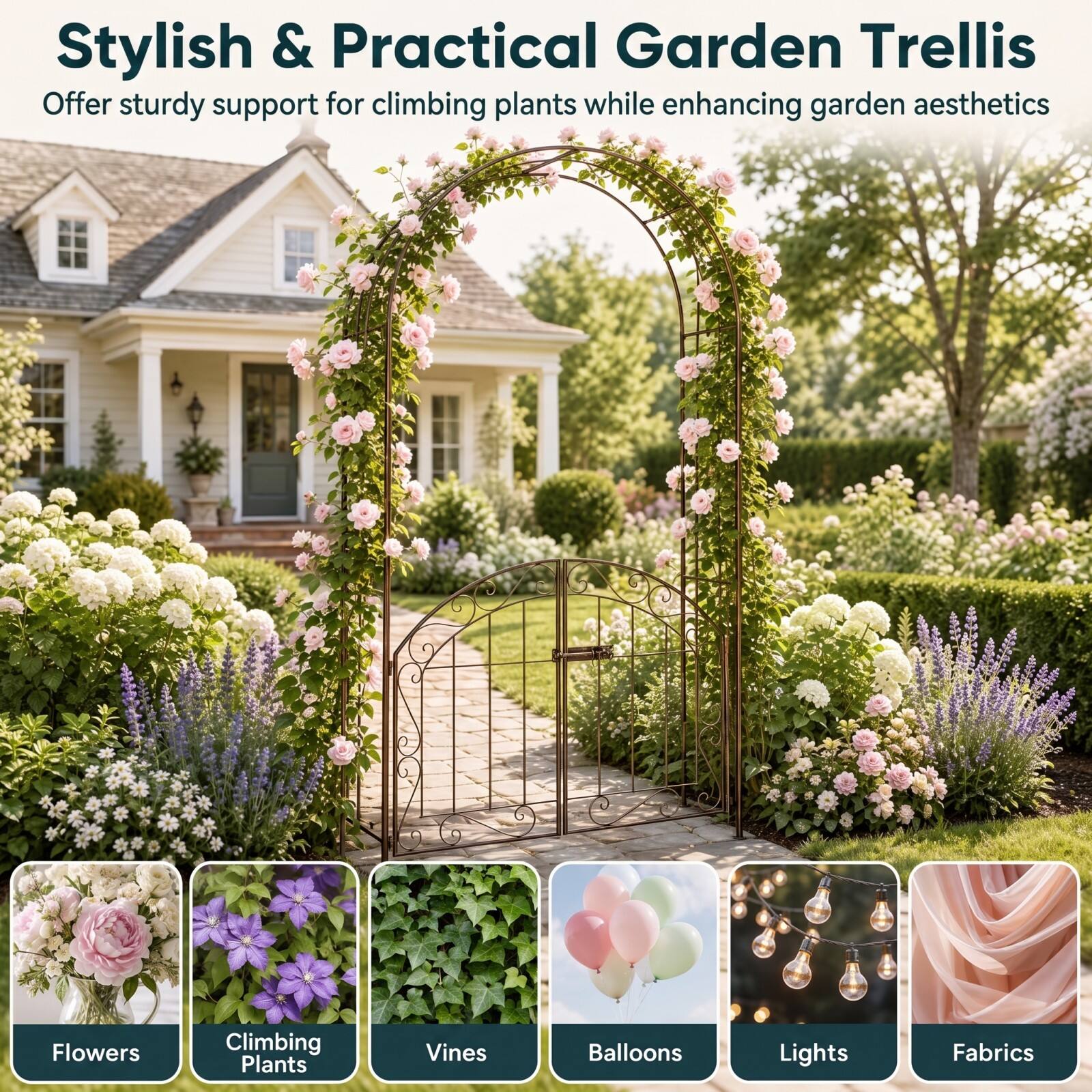 Stylish & Practical Garden Trellis  
Offer sturdy support for climbing plants while enhancing garden aesthetics

- Flowers
- Climbing Plants
- Vines
- Balloons
- Lights
- Fabrics