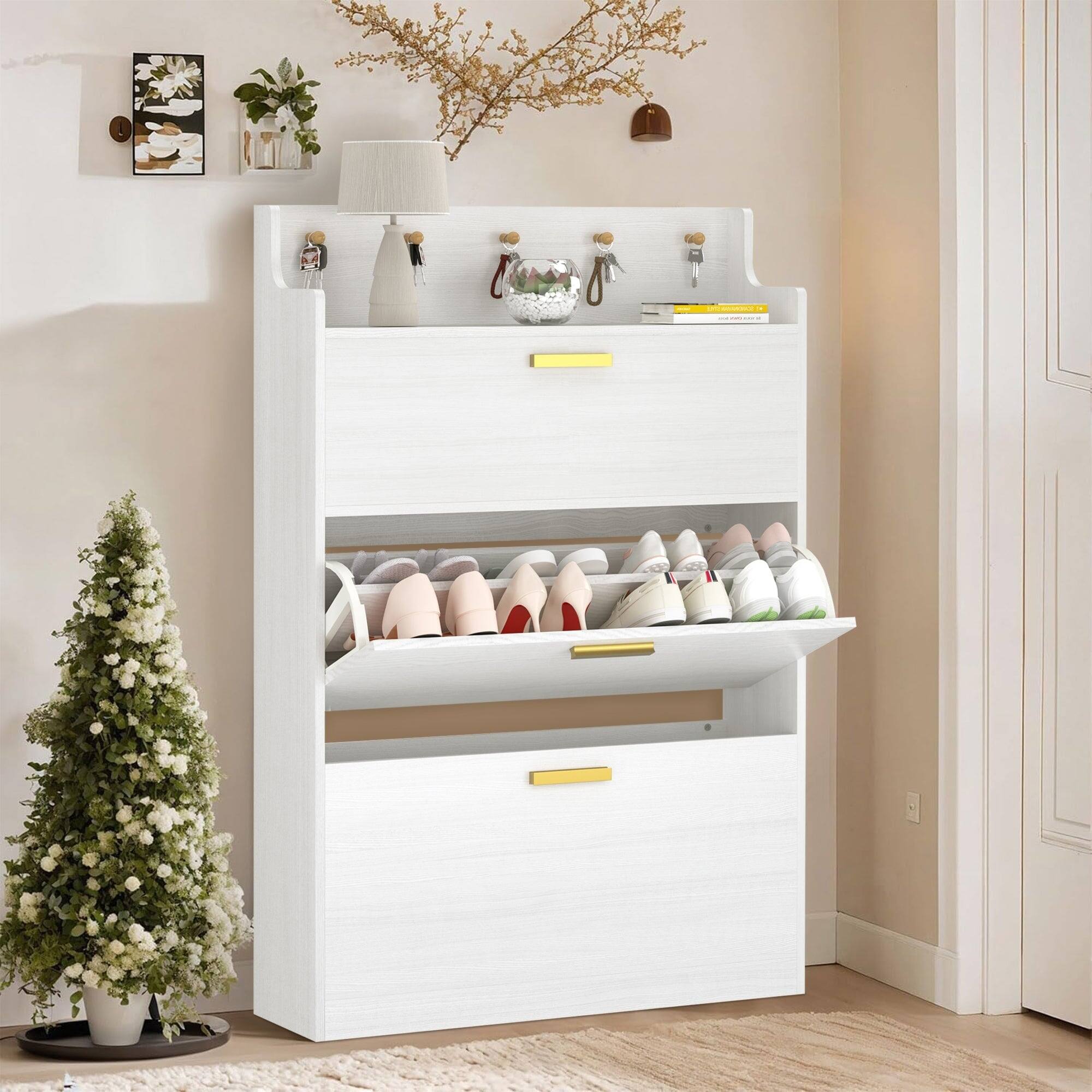 Front. Vecelo - Entryway Shoe Cabinet with 2 Flip Drawers, Adjustable Storage, Hooks, for Small Spaces – Modern Design - White.