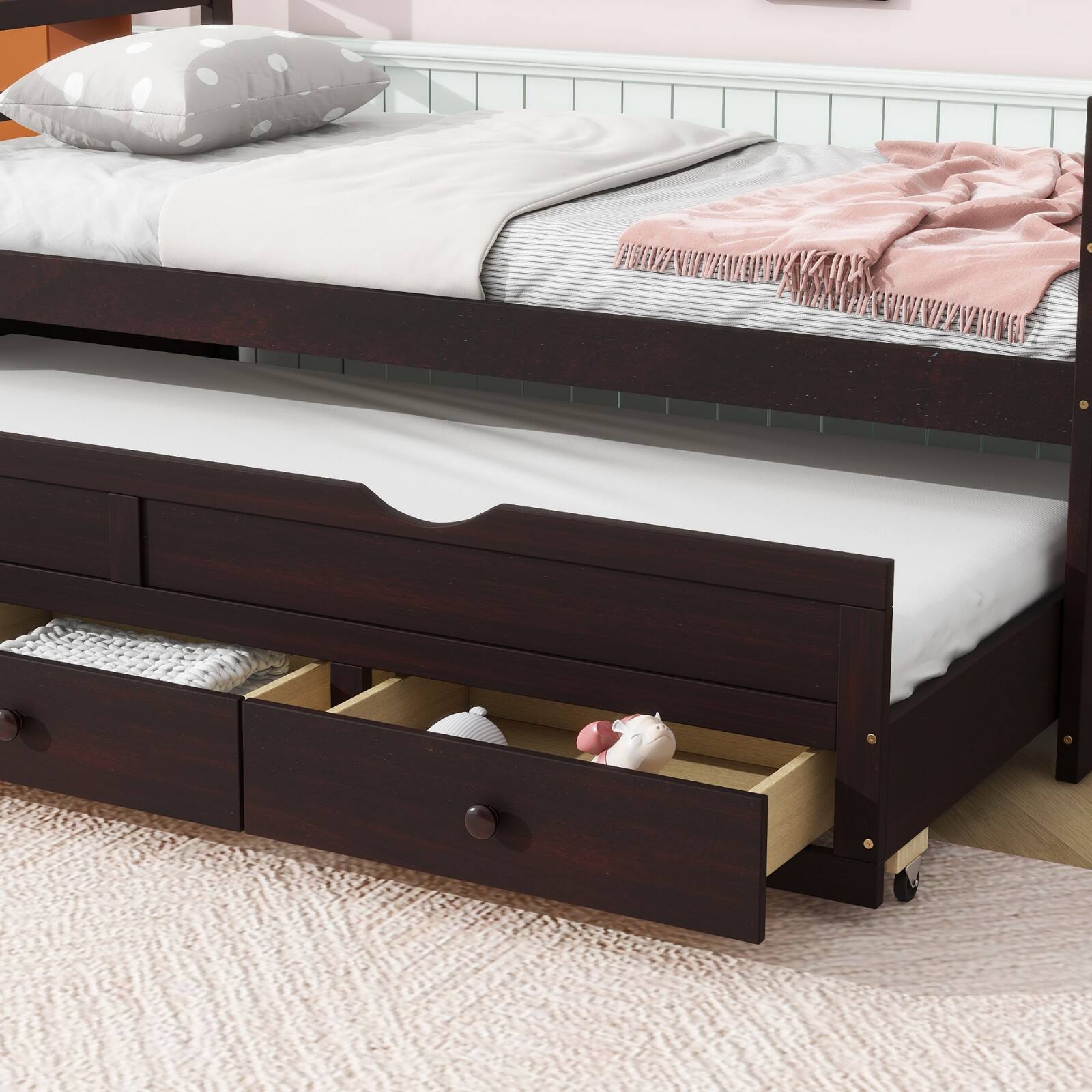 Alt View 4. Ecooso - Twin Size Bed with Headboard, Footboard, Trundle and Three Storage Drawers, Twin Size Pine Wood Bed with Headboard - Espresso.