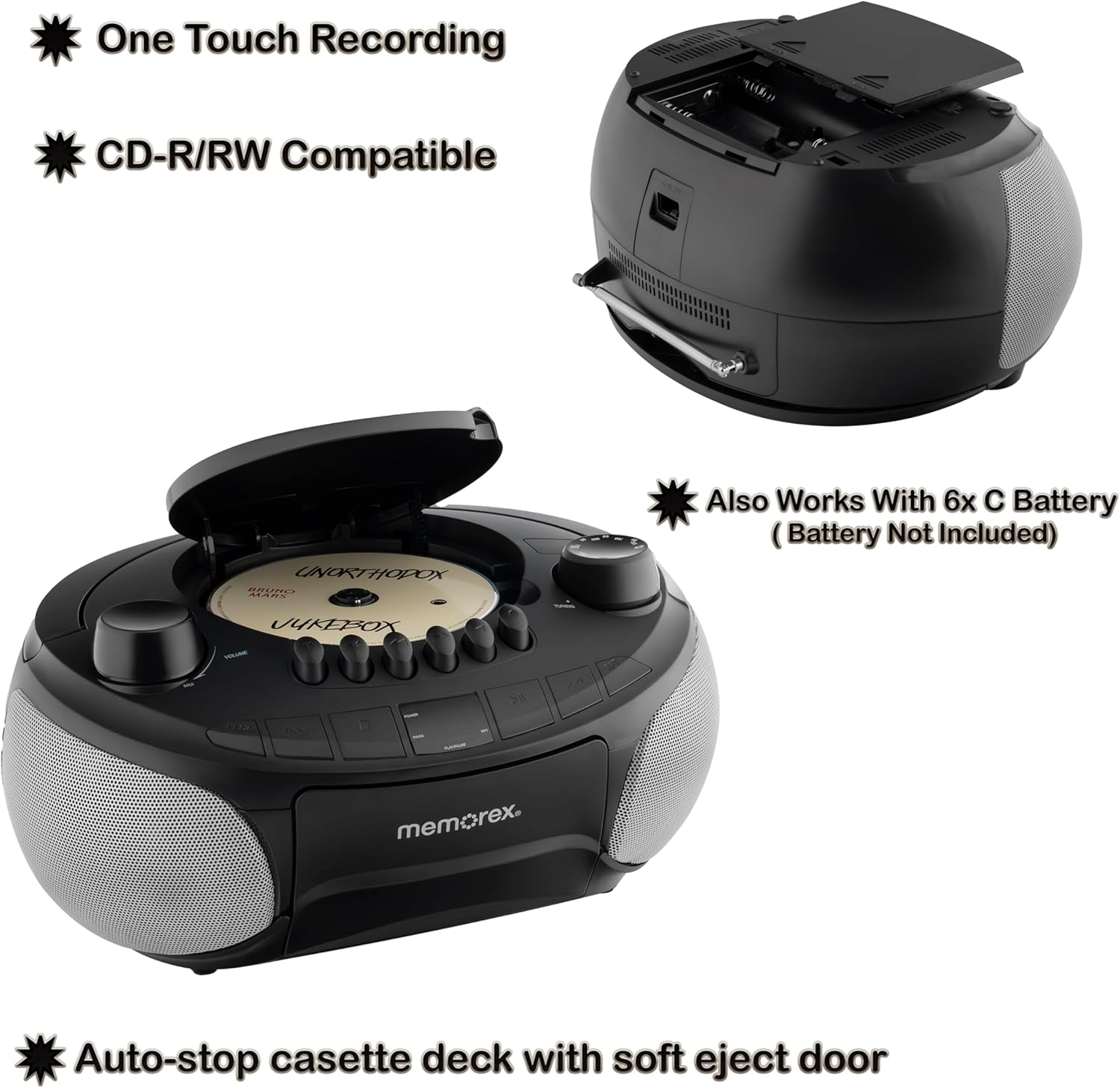 - One Touch Recording
- CD-R/RW Compatible
- Also Works With 6x C Battery (Battery Not Included)
- Auto-stop cassette deck with soft eject door