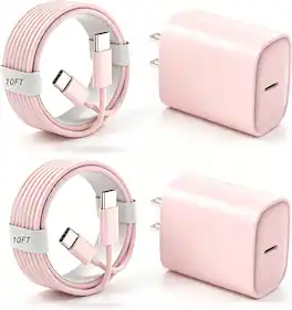 Bundle - Core Tech - 2-Pack 20W USB-C Fast Charger Blocks with 2 10 ft USB-C Cables for iPhone 18/17/16/15 - Pink - Pink