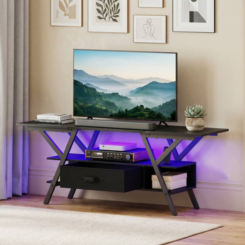 Angle. WELLFOR - Modern TV Stand for 65 Inch TVs with Power Outlets, LED Entertainment Center Media Console for Living Room, Bedroom - Black.