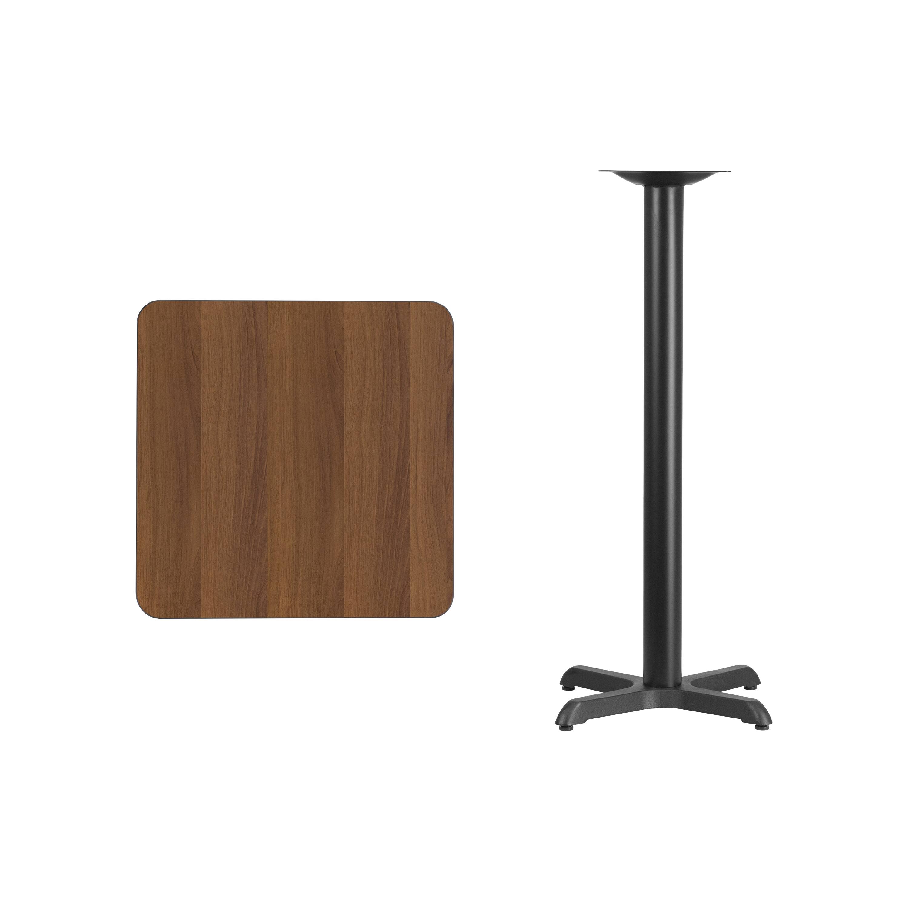 Alt View 2. Emma + Oliver - 24" Square Laminate Table Top with 22"x22" Bar Height Table Base - Walnut.
