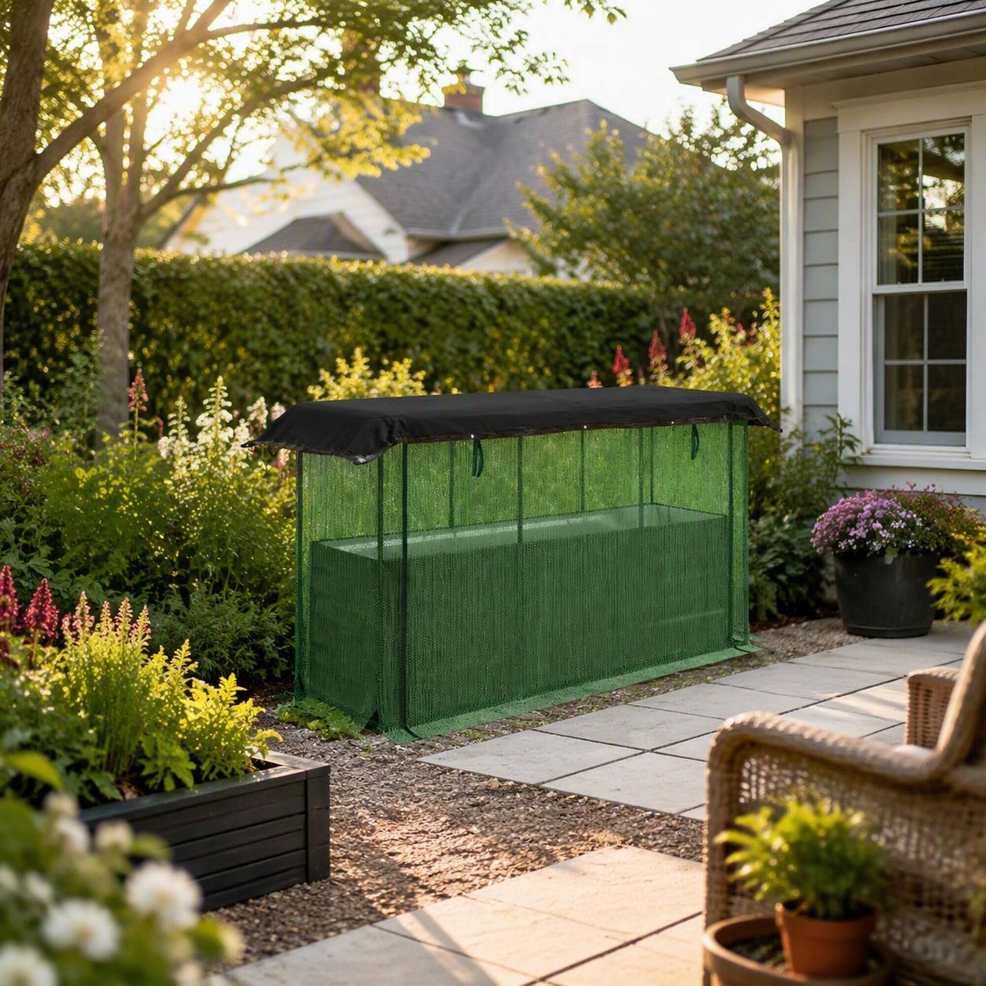 Left. RYHNUYNE - Galvanized Steel Raised Garden Bed with Crop Cage and Shade Cloth for Vegetables Flowers and Herbs - Dark Green.