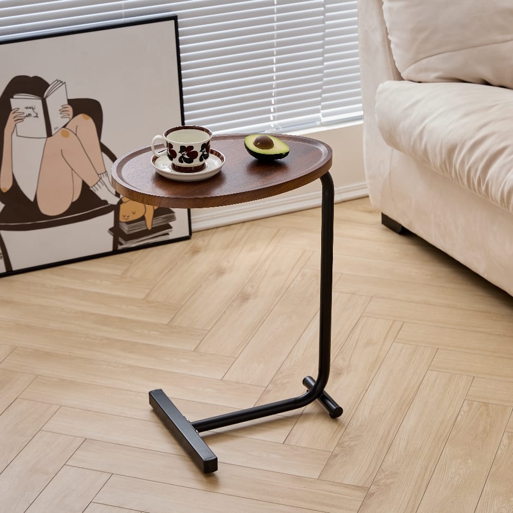 Loheer - C-Shaped Side Table Small Sofa End Table for Living Room Space Saving Couch Bedside Table with Metal Frame - Brown