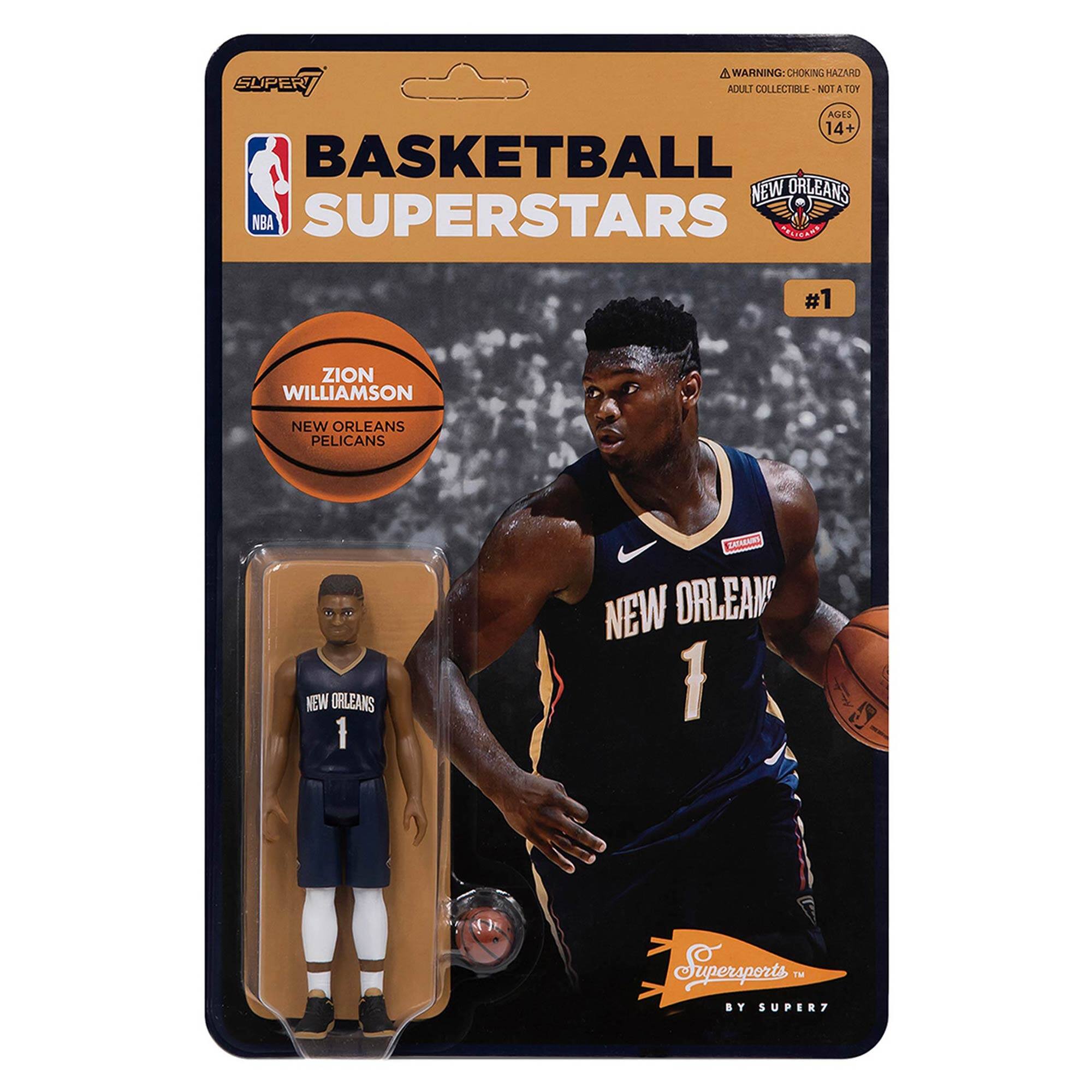 **SUPER7**

**BASKETBALL SUPERSTARS**

**ZION WILLIAMSON**  
NEW ORLEANS PELICANS

**NEW ORLEANS**  
#1

**WARNING: CHOKING HAZARD**  
ADULT COLLECTIBLE - NOT A TOY  
AGES 14+

**Supersports**  
BY SUPER7