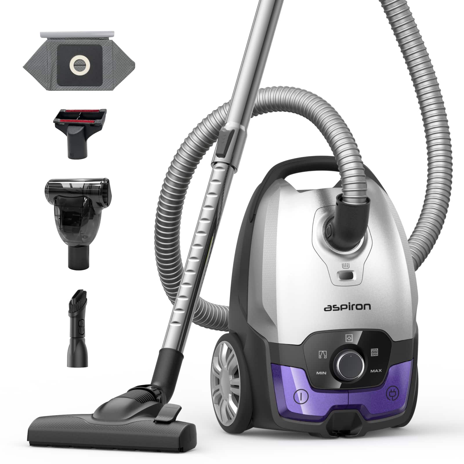 Aspiron - 1700W/45KPa Canister Vacuum, 6QT, HEPA Filter, Auto Cord Rewind, Low Noise, 8M Radius, Pet, Carpet & Hard Floor
