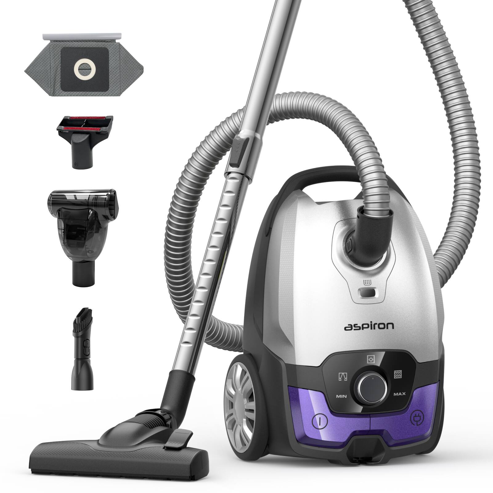 Aspiron - 1700W/45KPa Canister Vacuum, 6QT, HEPA Filter, Auto Cord Rewind, Low Noise, 8M Radius, Pet, Carpet & Hard Floor