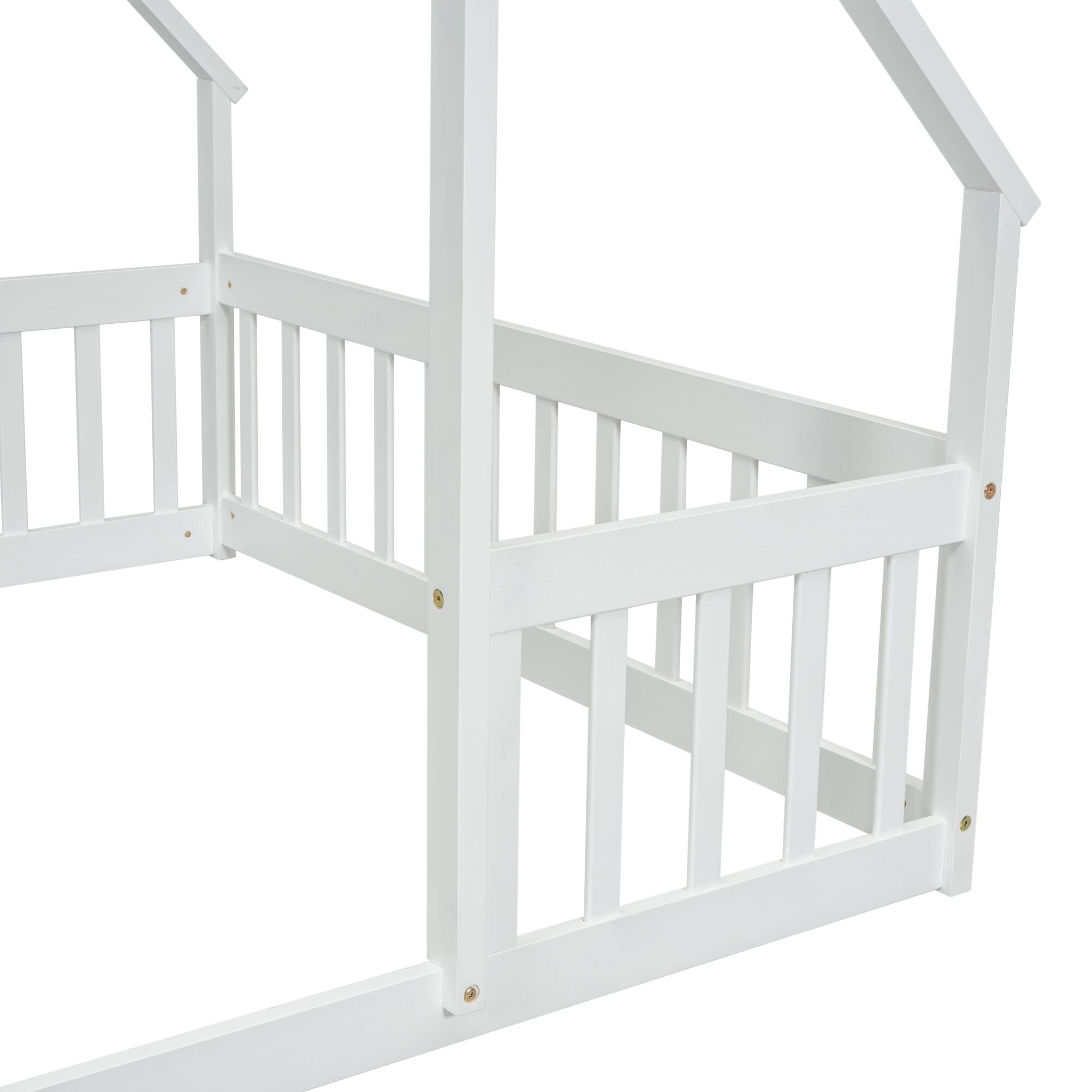 Back. GOODSILO - House-Shaped Floor Bed with Protective Fence and Guardrails for Children's Bedroom - White.