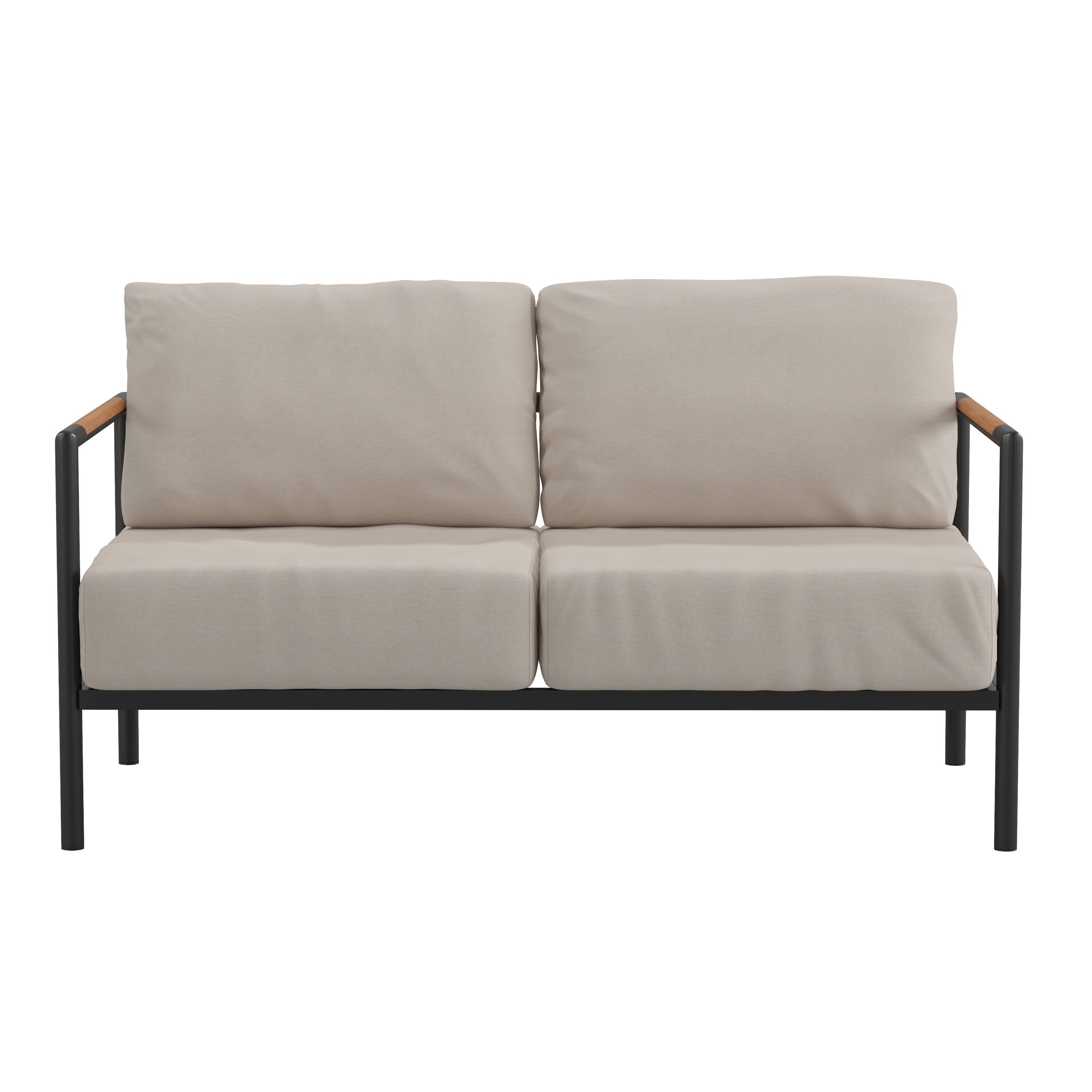 Alt View 7. Emma + Oliver - Aluminum Frame Loveseat with Teak Arm Accents and Plush Cushions - Beige.