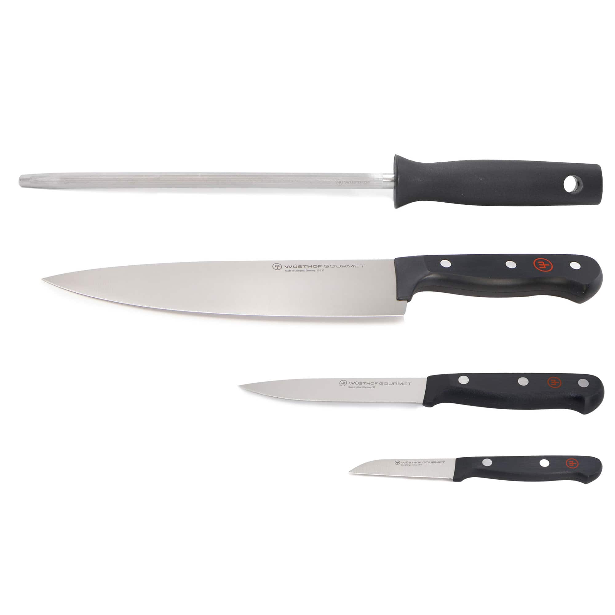 Wusthof - Gourmet 4-Piece Chef's Knife Set - 8" Chef's Knife, 2.75" Paring Knife, 4.5" Utility Knife, Honing Steel - Black